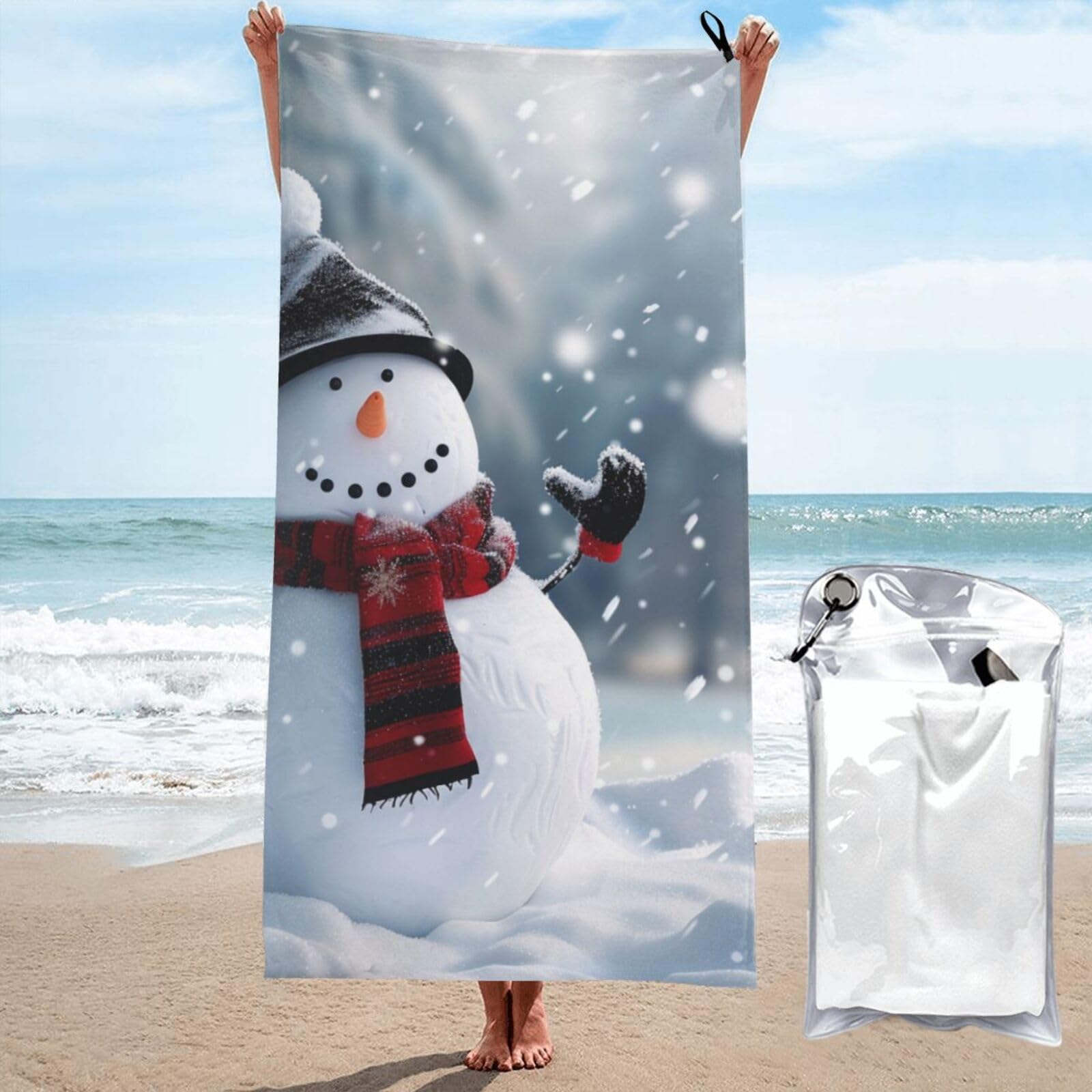 kkvhhyuo Microfiber Beach Towel, Christmas Happy Snowman Printed Lightweight Quick Dry Travel Bath Sheet with Compact Carry Bag for Swimming Yoga Camping Gym,31.5"x63"