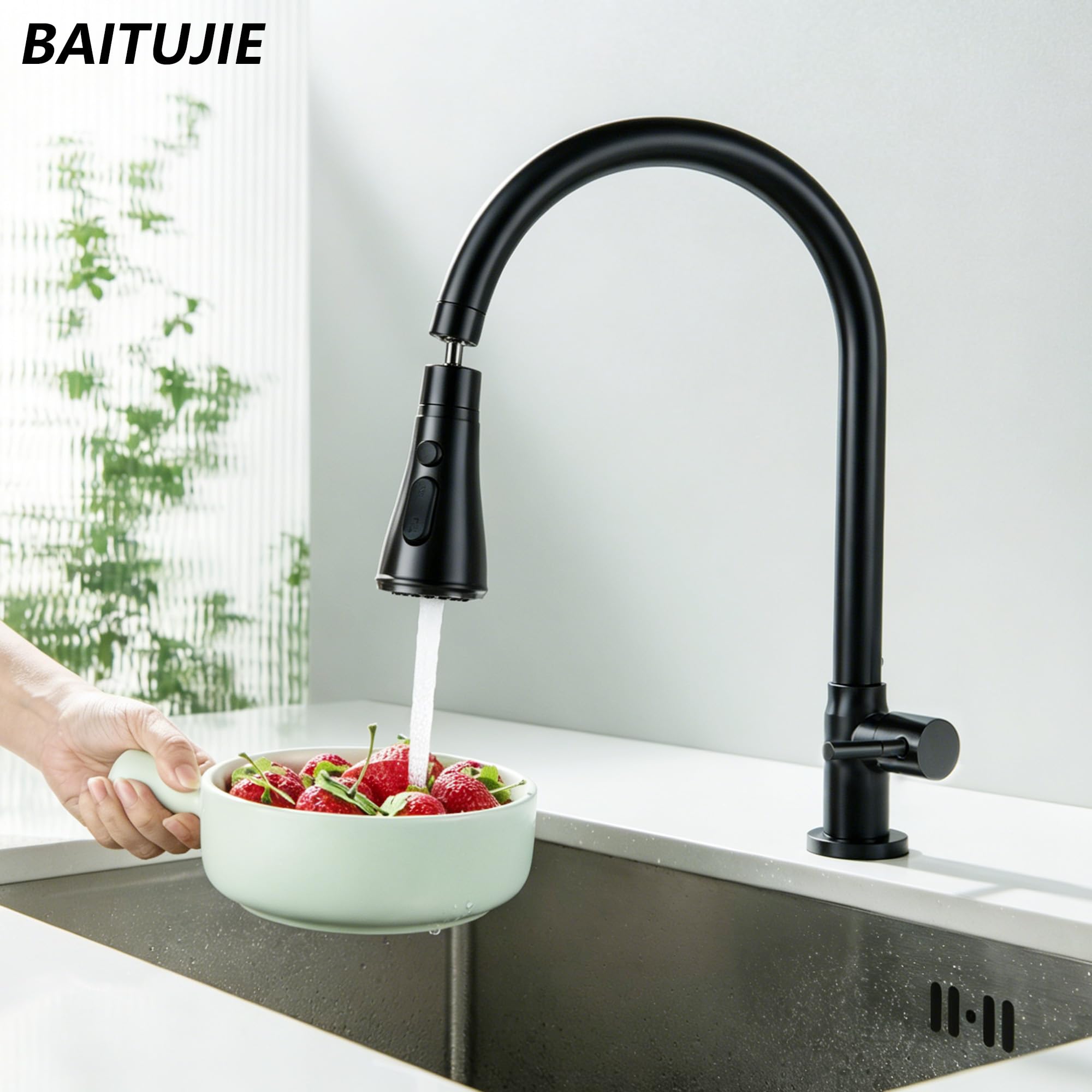 Kaltwasser Nur Küchenarmatur Küchenarmatur Spültischarmatur Mattschwarz | High Arc Einhand-Kaltwasser-nur Wasserhahn für Küche SUS304 Edelstahl Kaltwasserhahn mit 3 Strahlarten