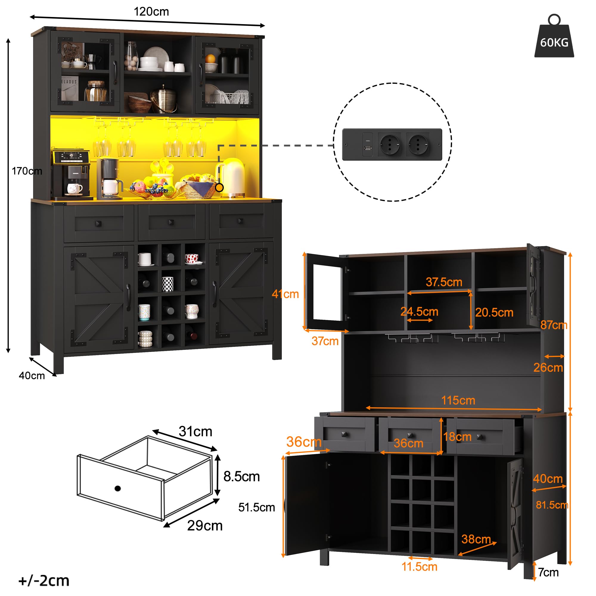Küchenschrank Hochschrank mit LED Licht und USB Steckdose, Küchenbuffet Buffetschrank mit 4 Türen und Schubladen, Highboard Sideboard Schrank Schwarz mit Schubladen und Weinregal, 120x40x170 cm