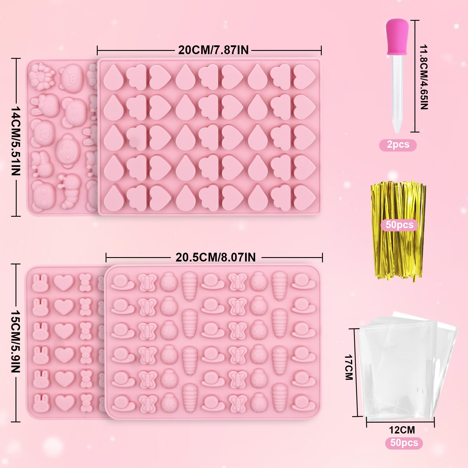 4-Pack Silicone Gummy Candy Molds – With 2 Droppers, 178 Cavities, Food Grade, Cute Animal Shapes