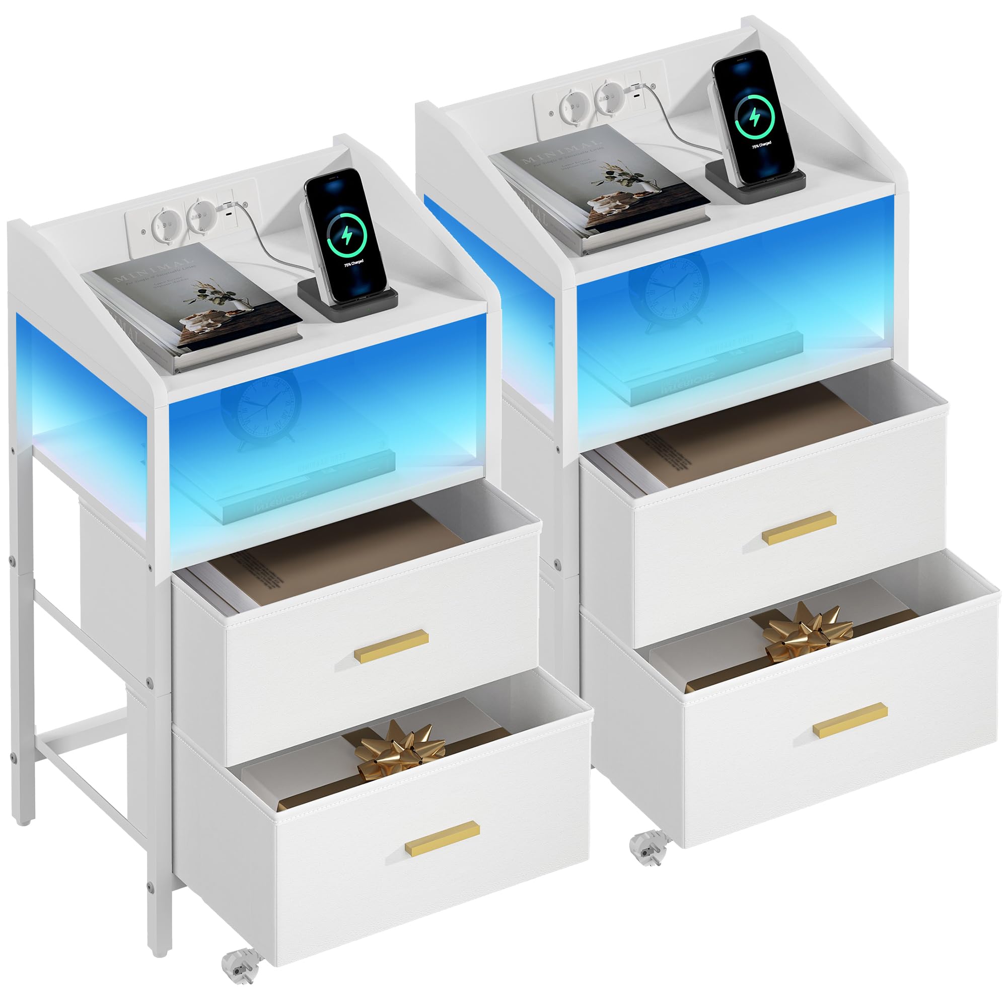 Hzuaneri Mesita de Noche Juego de 2, con Luces LED y Estación de Carga, Mesa Auxiliar Moderna con Puertos USB y Tomas de Corriente, con Estante Abierto para Dormitorio, Blanco NS36213W