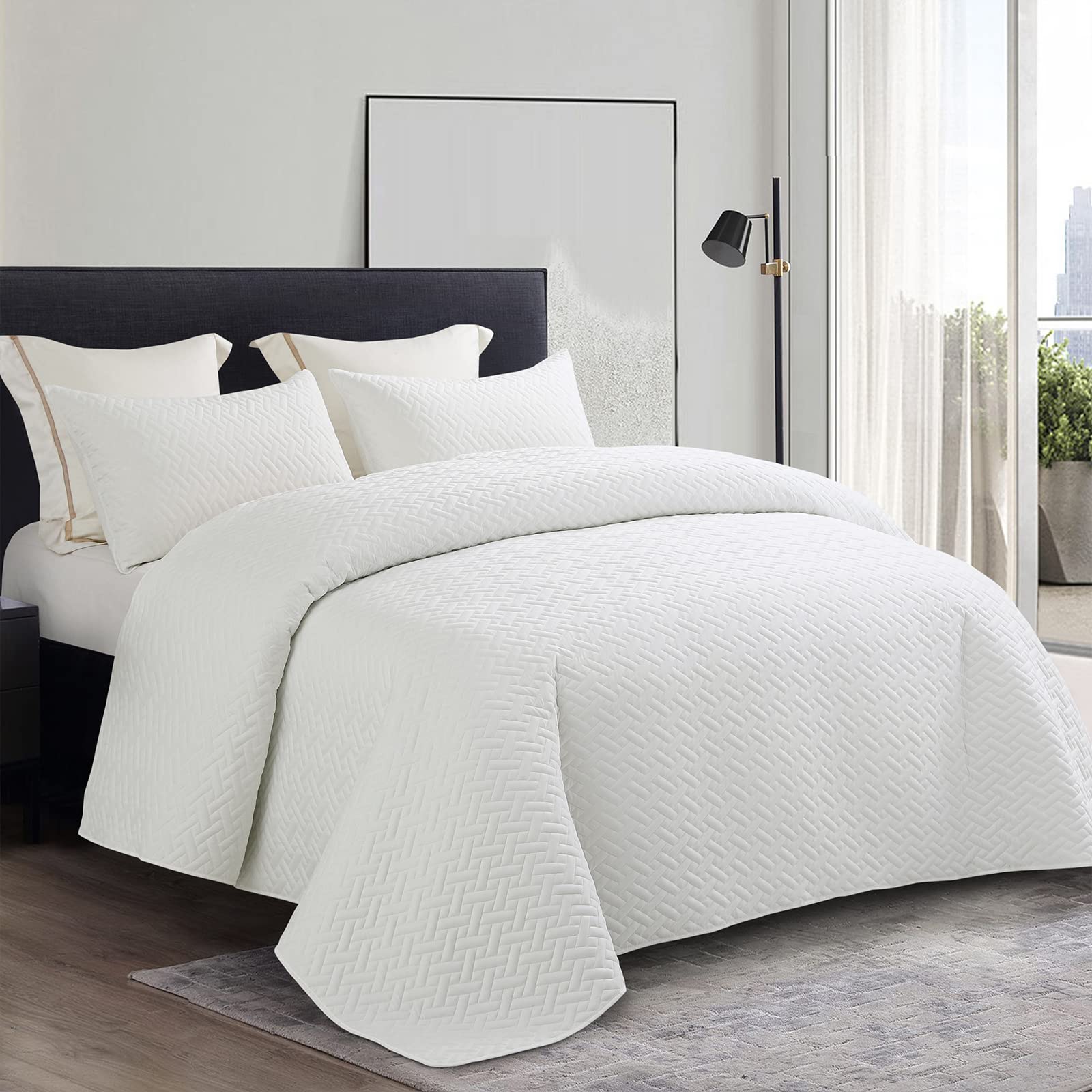 Exclusivo Mezcla 3-Piece Queen Size Quilt Set with Pillow Shams, Basket Quilted Bedspread/Coverlet/Bed Cover(96x88 Inches, White) -Soft, Lightweight and Reversible