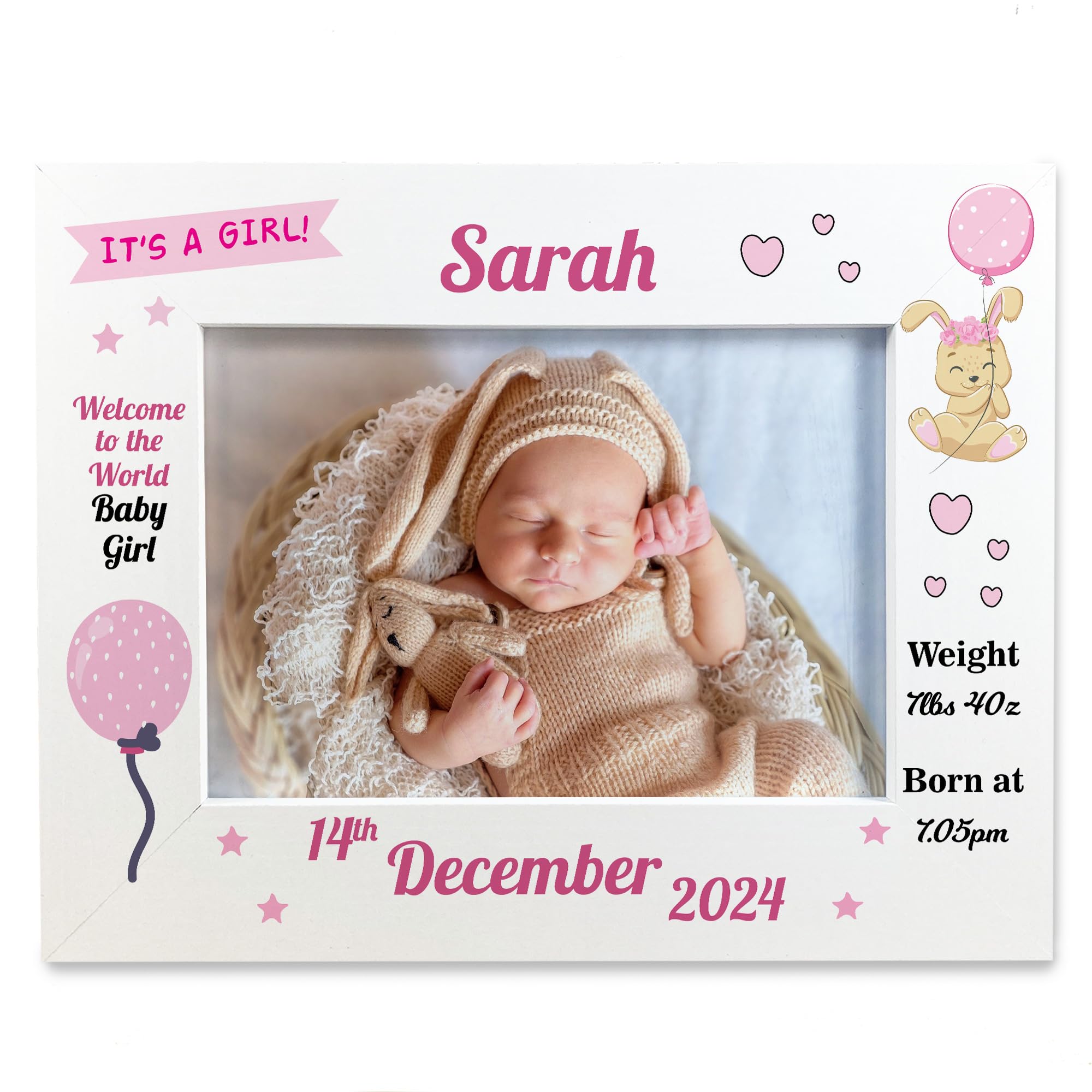 Red Ocean Personalised Birth Details 7x5 White Frame, Newborn Baby Gifts For New Mum and Dad, Baby Nursery Decor Picture Frame, Personalised Baby Girl Gifts Picture Frame Keepsake
