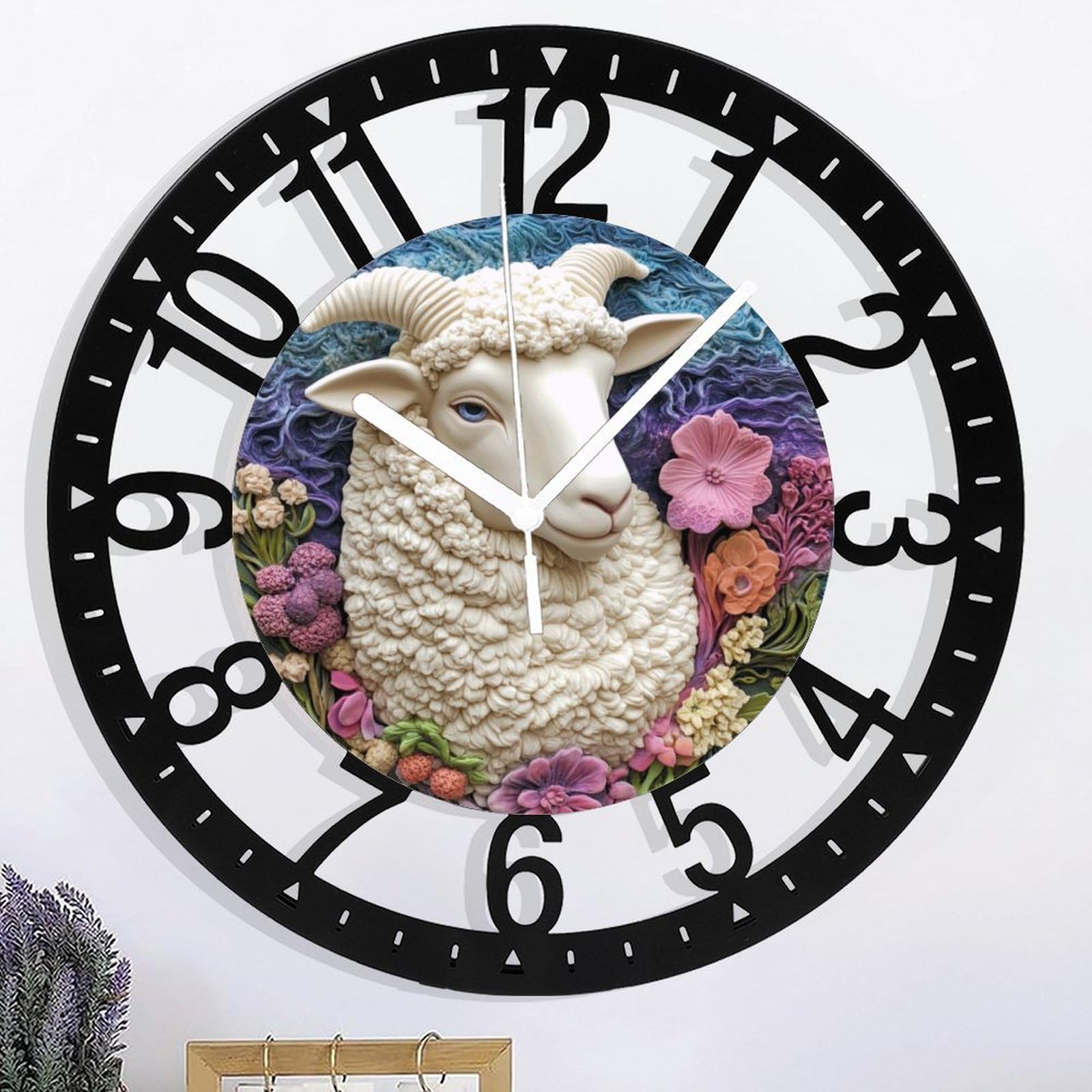 Metal Wall Clock for Living Room -10" Ram Portrait in Floral Relief Silent Non Ticking,Battery Operated, Antique Clocks for Farmhouse,Bedroom,Kitchen - Arabic Numerals