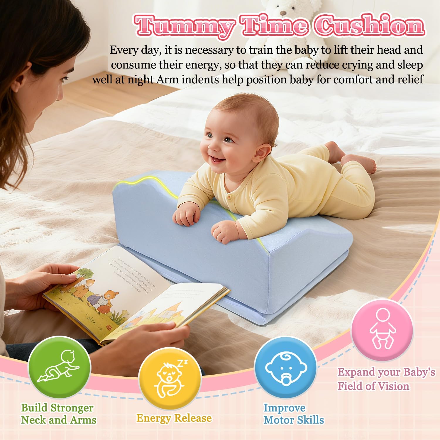 Colic Baby Relief Pillow Tummy Time Prop - Reflux & Gas Relief,Burplee Wedge Pillow for Infant - Neck and Shoulder Strength Building,Nursing Support Feeding ,Memory Foam Adjustable Height - Image 4