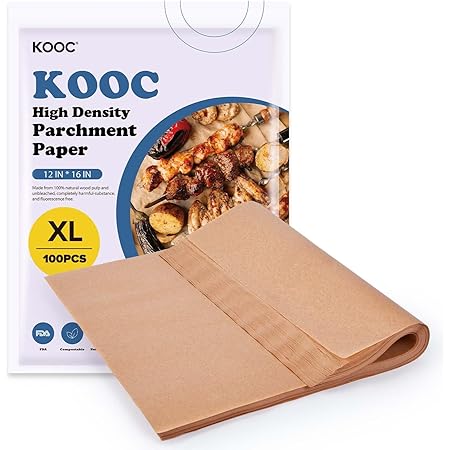 KOOC Parchment Paper Sheets Precut, Unbleached&Natural Baking Paper Sheets, 12 * 16 IN, 100pcs, Large, Compostable, Two-side Non-stick for Oven, Microwave, Air Fryer, Food Parceling
