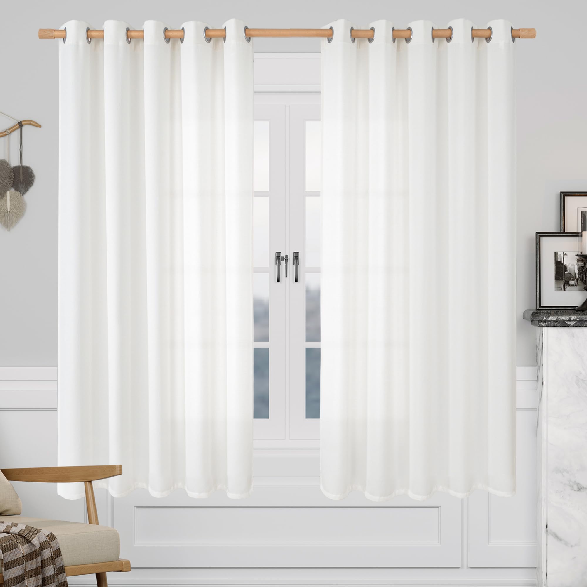 LAMIT 63 Inch Natural Faux Linen Curtains for Living Room, White, 2 Panels