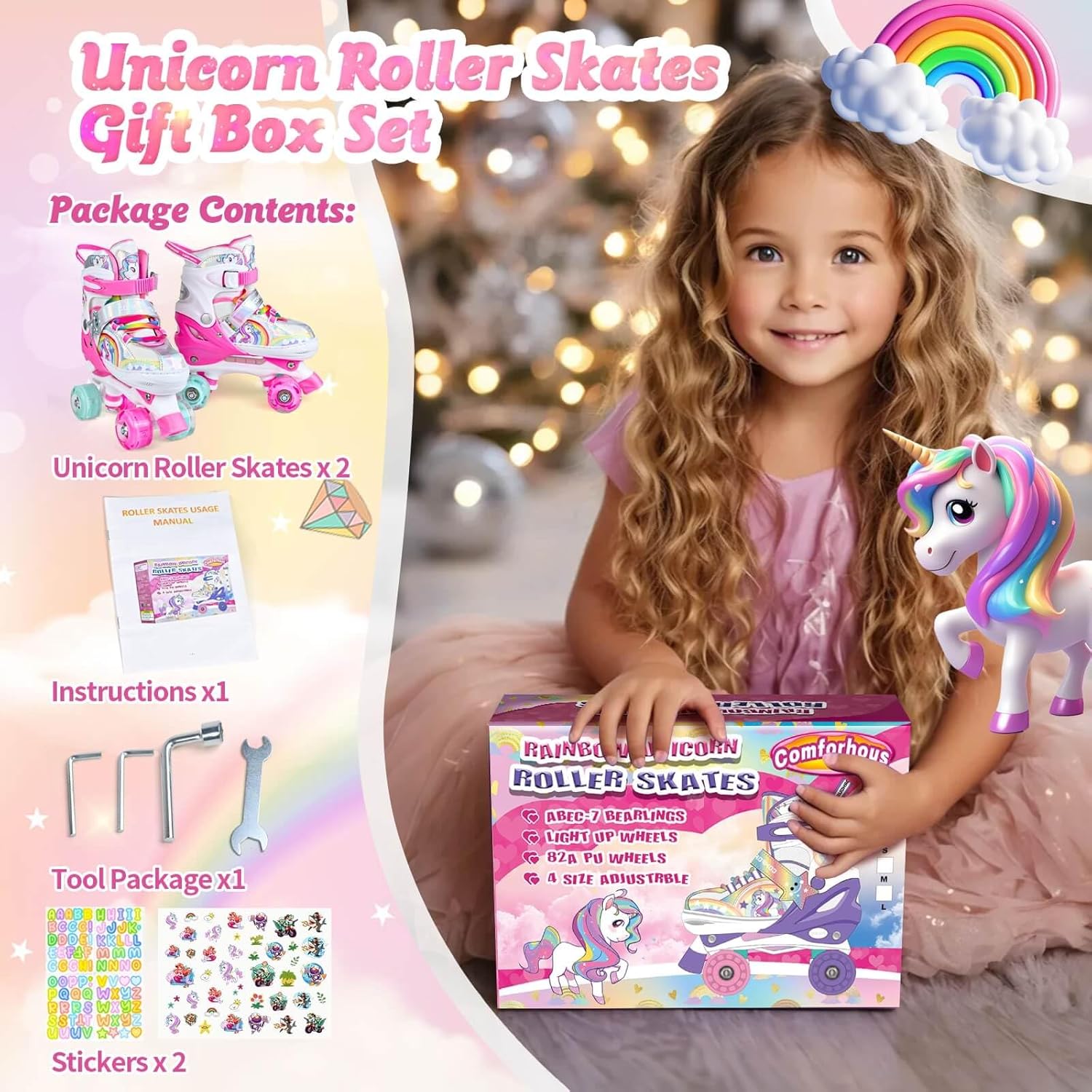 Rainbow Kids Roller Skates for Girls Boys 4 Size Adjustable Roller Shoes for Girls with Luminous Wheels Light-up Kids Rollerskate Birthday Gift for Beginner Outdoor Indoor Sports