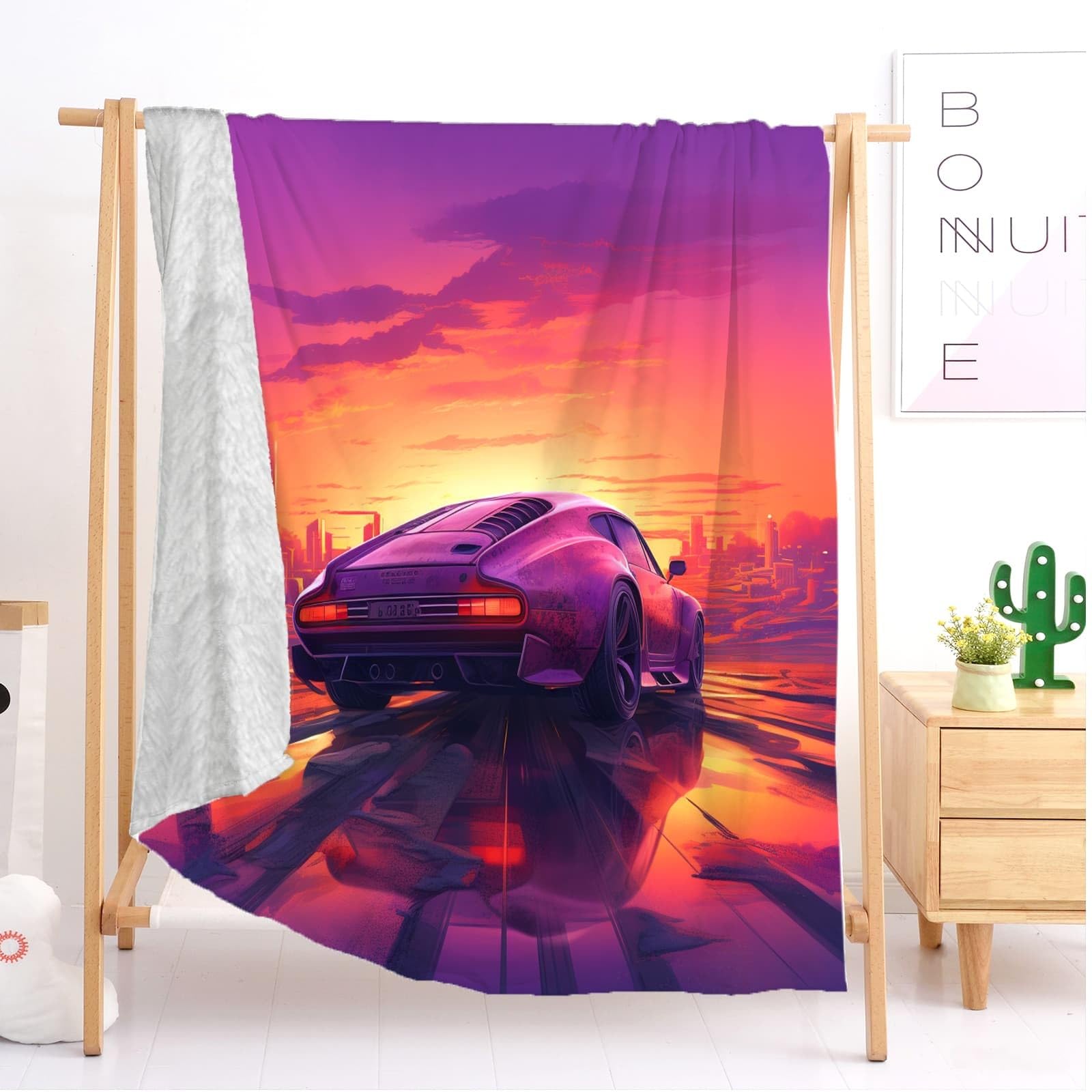 Coperta Pile 180x220 cm Auto Sportiva Al Neon Coperta Plaid Pile Divano Blanket in Flanella, Viola Coperta Letto Matrimoniale Calore Morbida, Coperta Leggera Per Campeggio e Viaggi