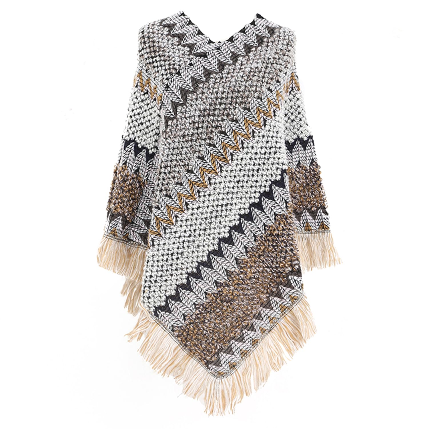 Womens Poncho Sweater Zig Zag Knit Mexican Poncho Wrap Fall Hippie Soft Fringe Crochet Shawl Asymmetrical Cape