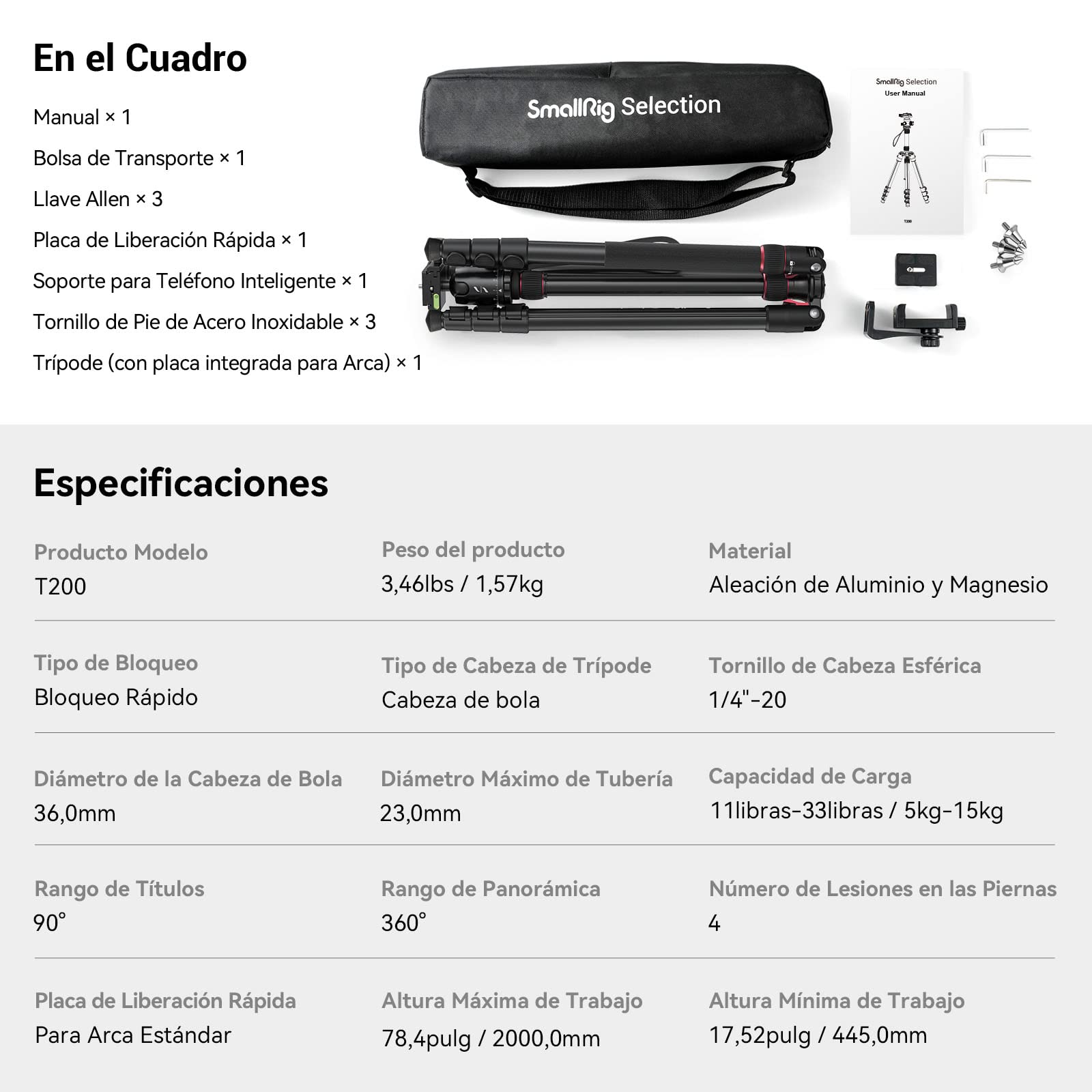 SMALLRIG Trípode Monopie para Cámara, 78.7" Plegable de Aluminio, Cabeza Esférica 360° Desmontable, Carga 33 LB - 3474C