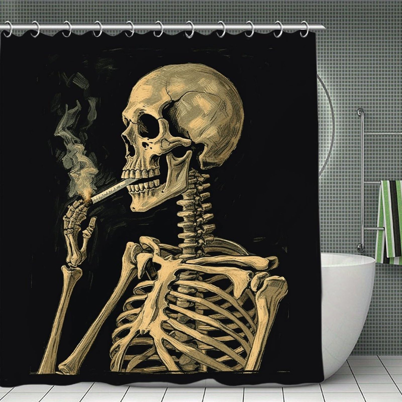 VstaDank A Skeleton with Burning Cigarette Shower Curtain Waterproof Bathroom Shower Curtain with C Type Hooks Soft Lightweight Shower Curtains Liner Washable Polyester Cloth Shower Liner 71x71 Inch