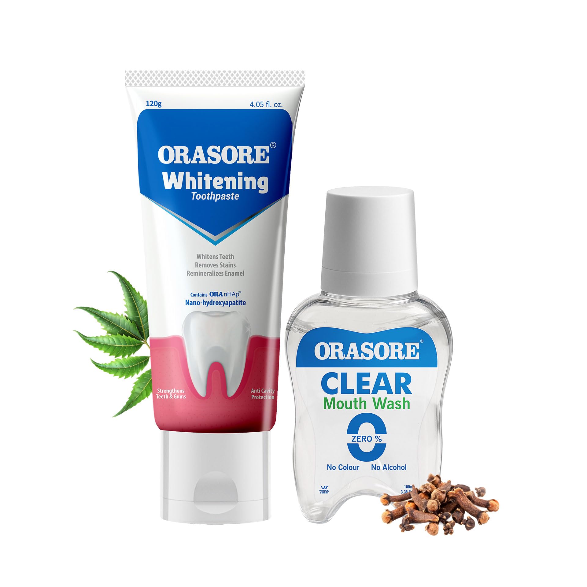 Orasore Whitening Duo | nHAp Toothpaste 120g & Clear Mouthwash 100ml | Peroxide-Free | Refreshing, Reduces Sensitivity & Whitens Teeth | No Color & No Alcohol | Free Bamboo Toothbrush