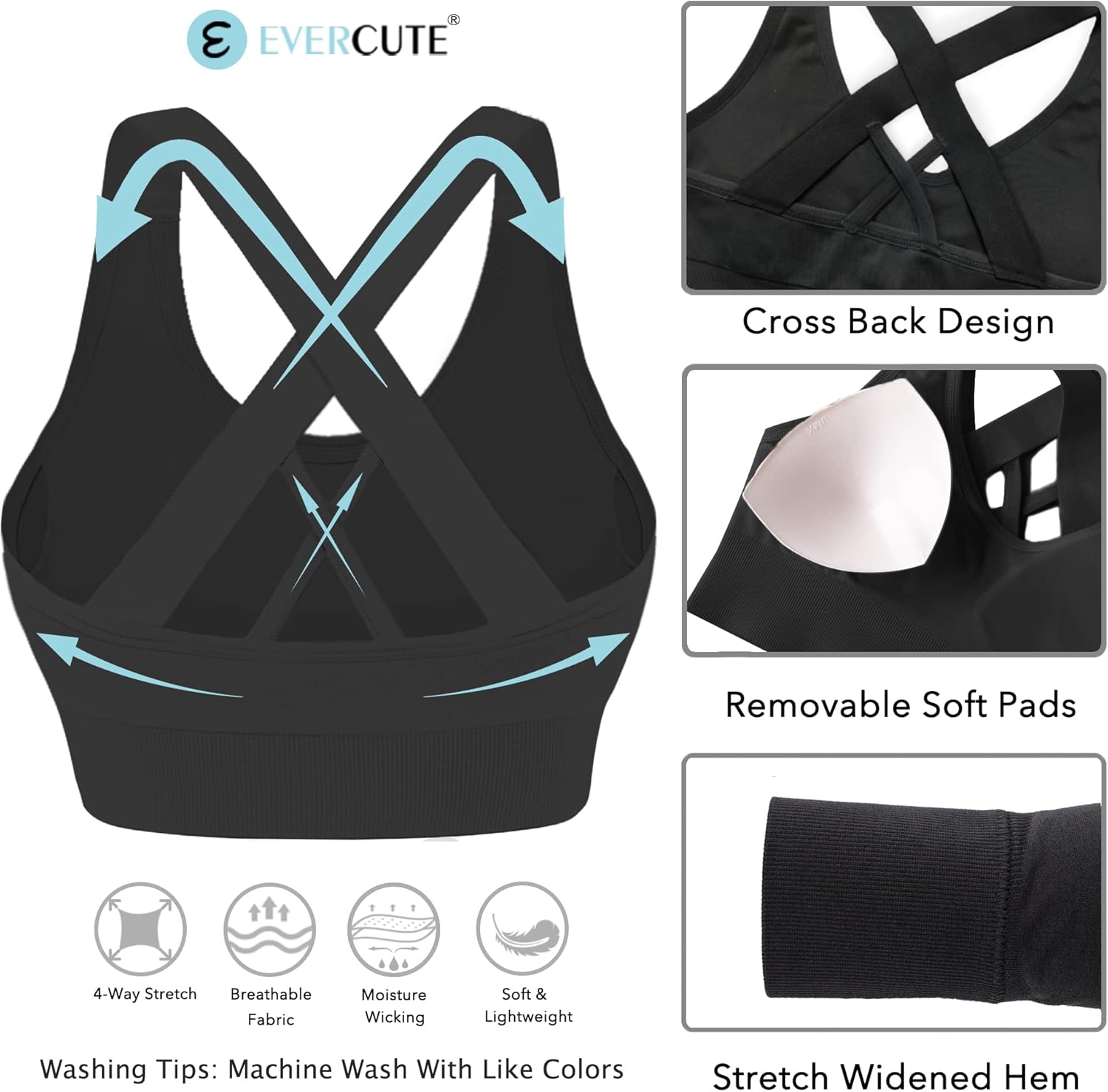 Evercute Sports Bra for Women Padded Medium Support Criss Cross Strappy Bras Seamless High Impact Yoga Exercise Athletic Bras - Image 4