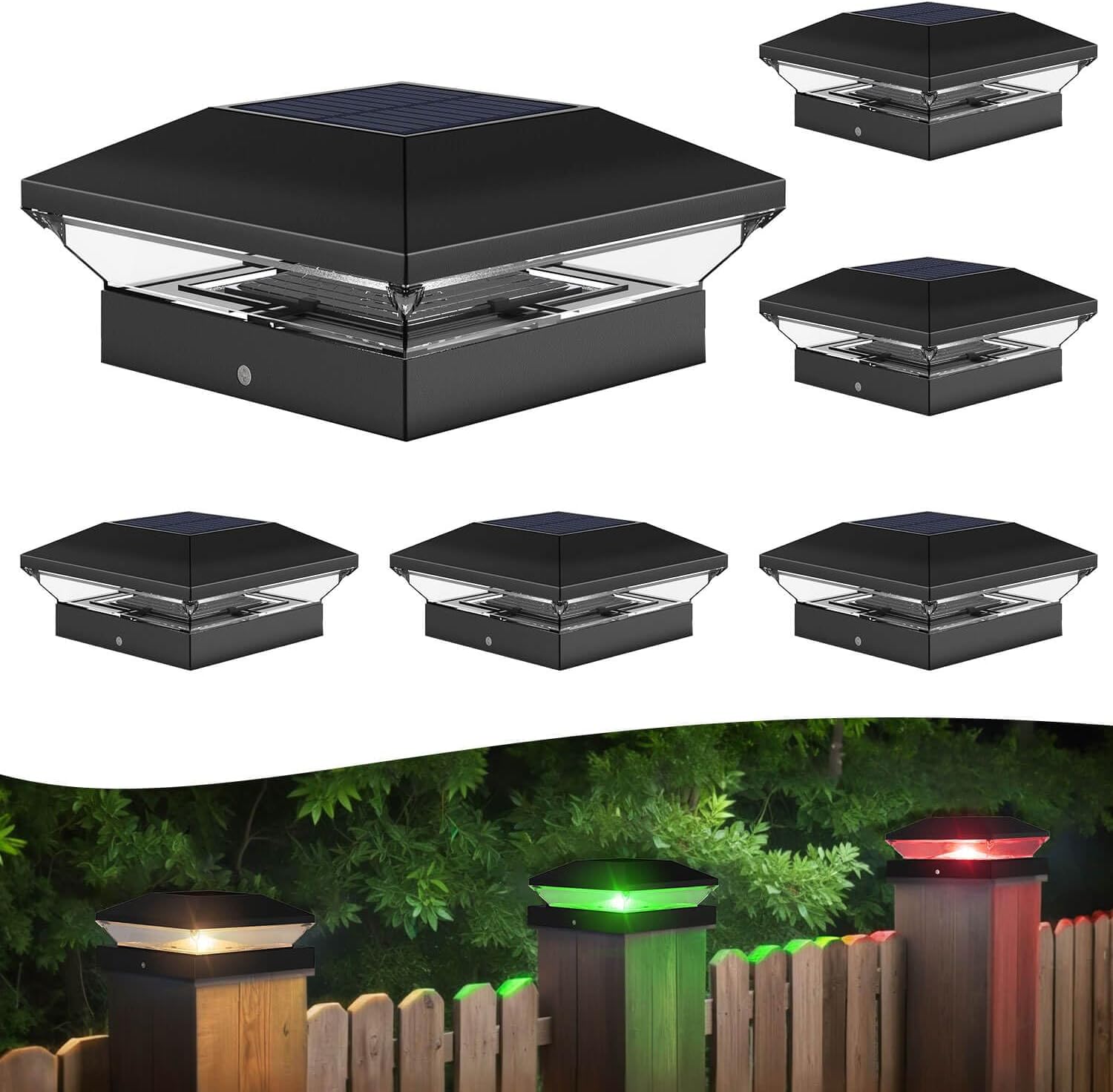 T-SUN Solar Post Cap Lights with Auto-Change Colors- for Wooden (4×4/6×6) & Vinyl (4×4/5×5) Posts | Weatherproof Outdoor Solar Fence Post Lights for Deck, Porch, Garden & Stairs(6-Pack,RGB)