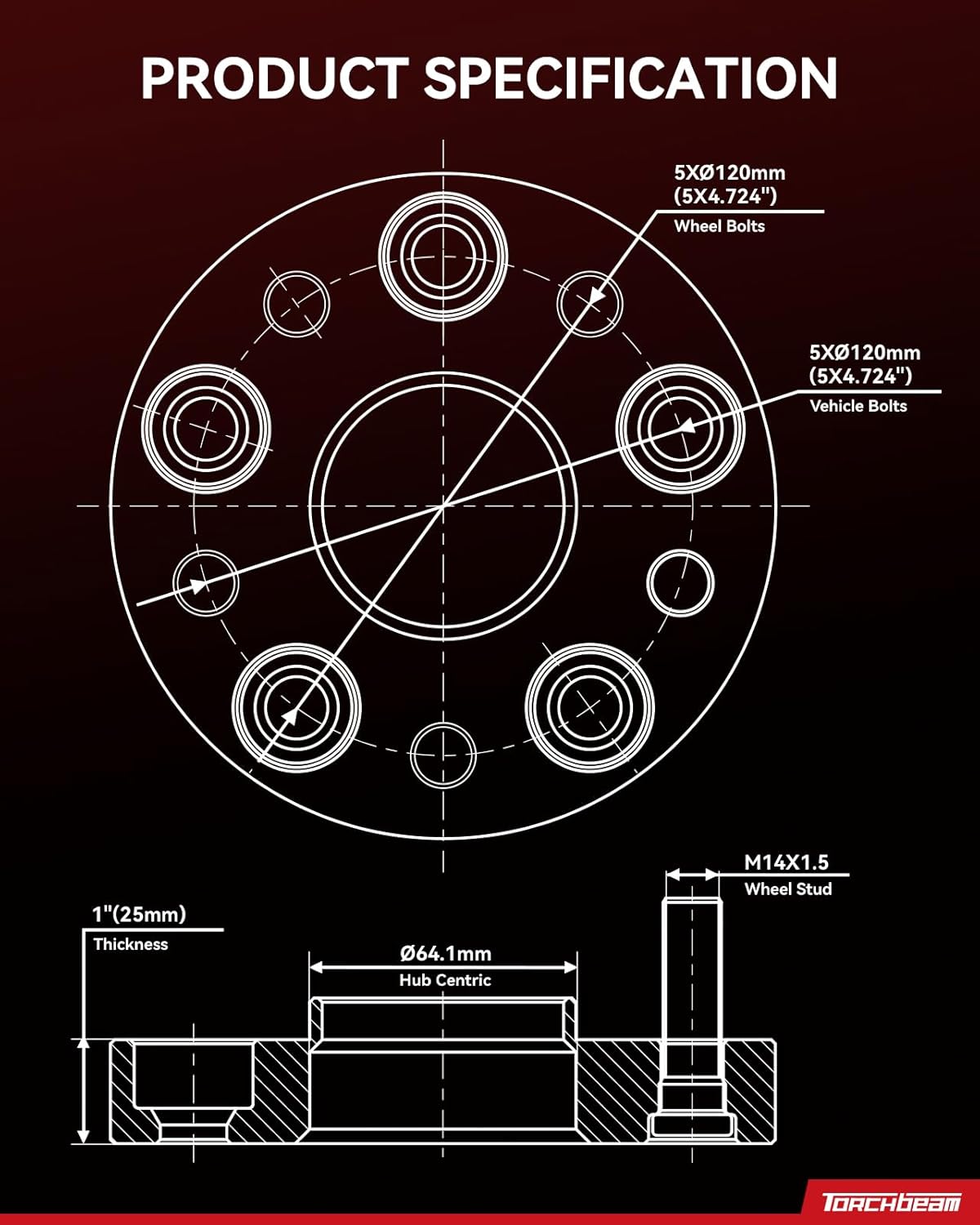 Torchbeam 5x120 1 inch Wheel Spacers for Pilot, Odyssey, MDX, Ridgeline, Passport, TL, TLX, RL, RLX, Civic, ZDX, 64.1mm Center Bore & M14x1.5 Studs