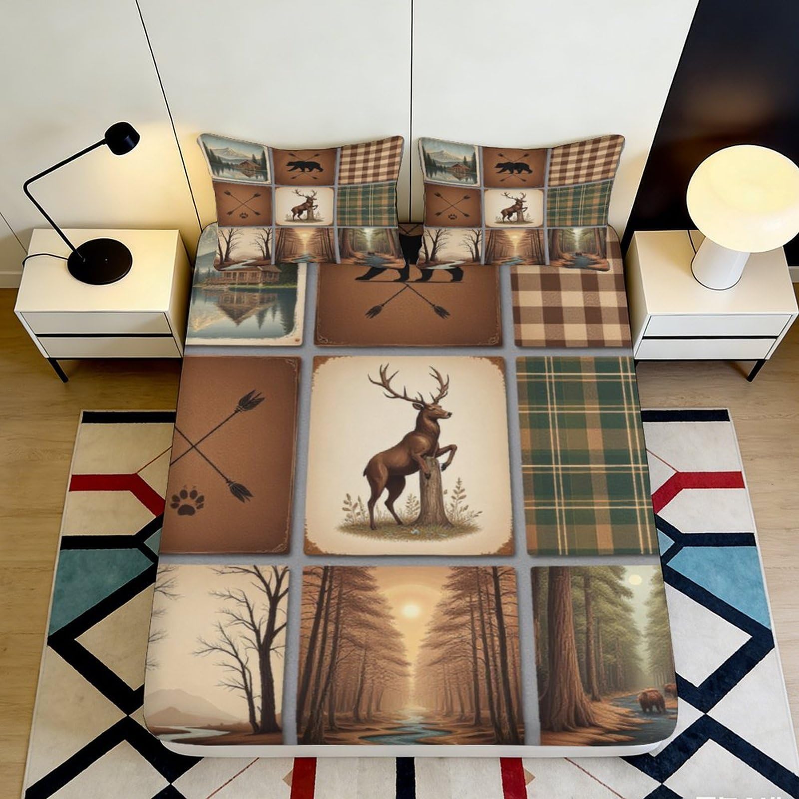 3D Printed Forest Elk Fitted Sheet Microfiber Cabin Woodland Mattress Cover Non Slip Washable for Bedroom Guest Room 120x200x25cm