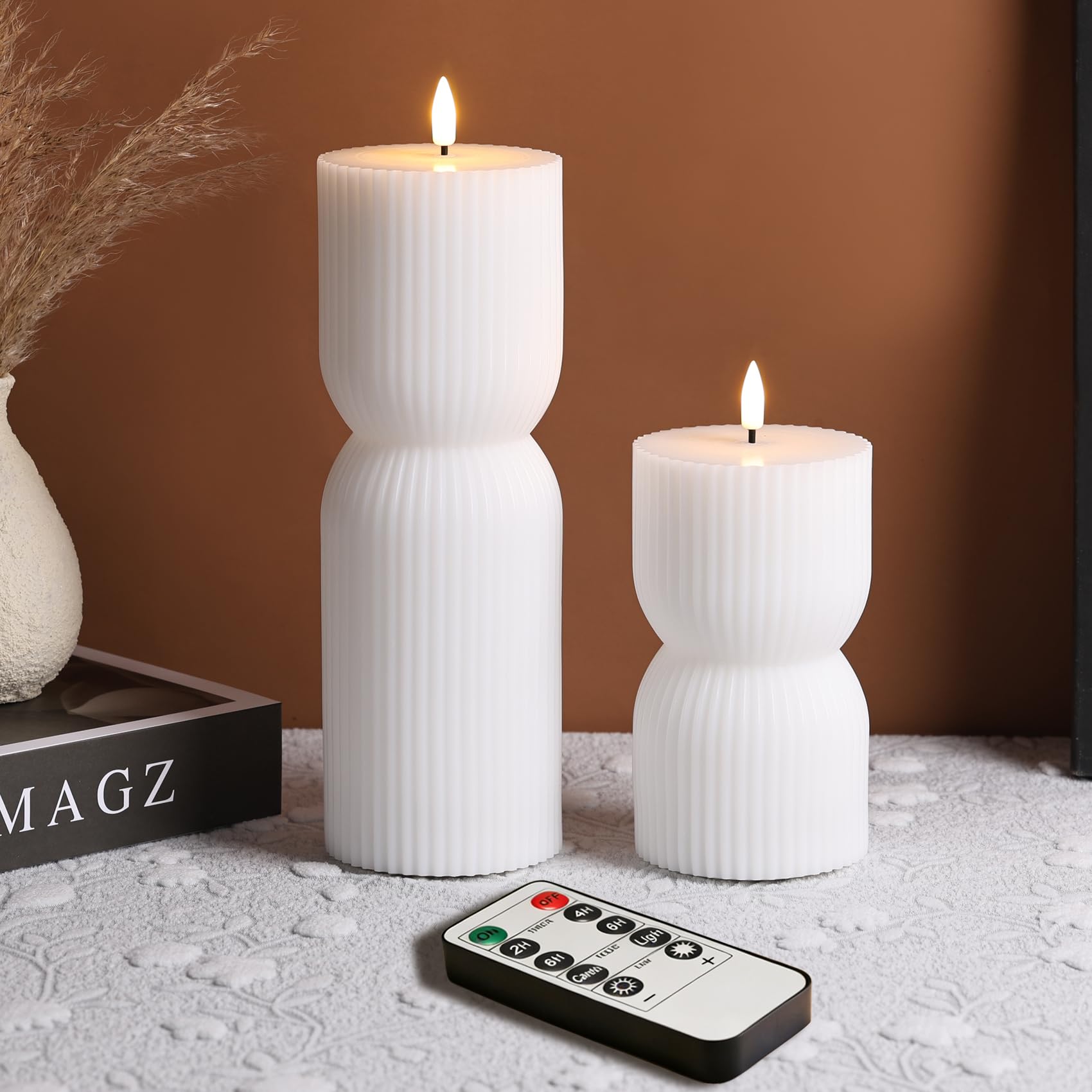 Eywamag White Ribbed Flameless Pillar Candles with Remote, Flickering LED Wax Candles Battery Operated Set of 2