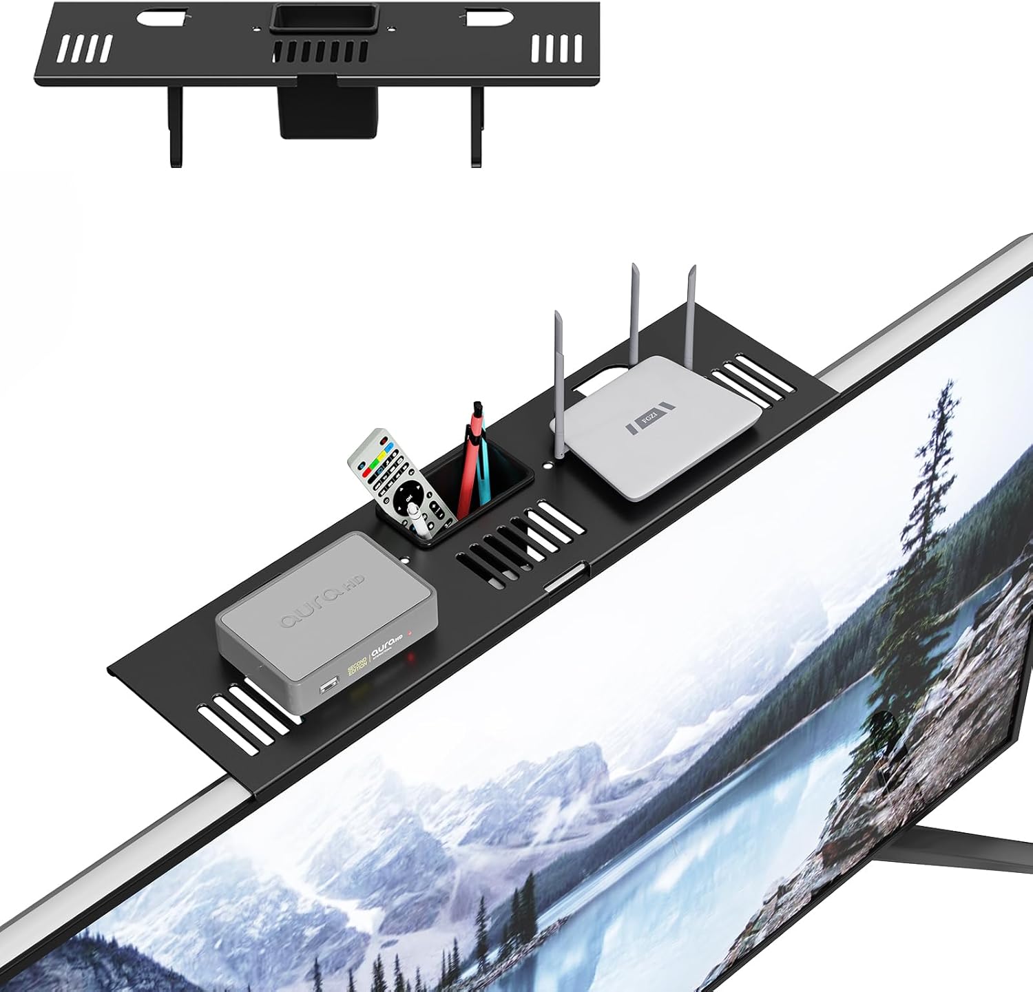 CABTE Adjustable Steel TV Top Shelf, Floating TV Stand, Universal Monitor Shelf for Soundbar, Game Console, Cable Box, Router Shelves (33.86"x4.7" with Boxes)