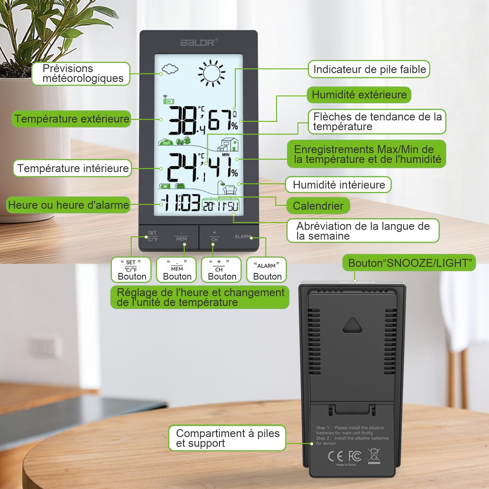 Station Météo Sans Fil Écran LCD 6,0' Capteur Extérieur Thermomètre Hygromètre Prévisions Réveil Noir