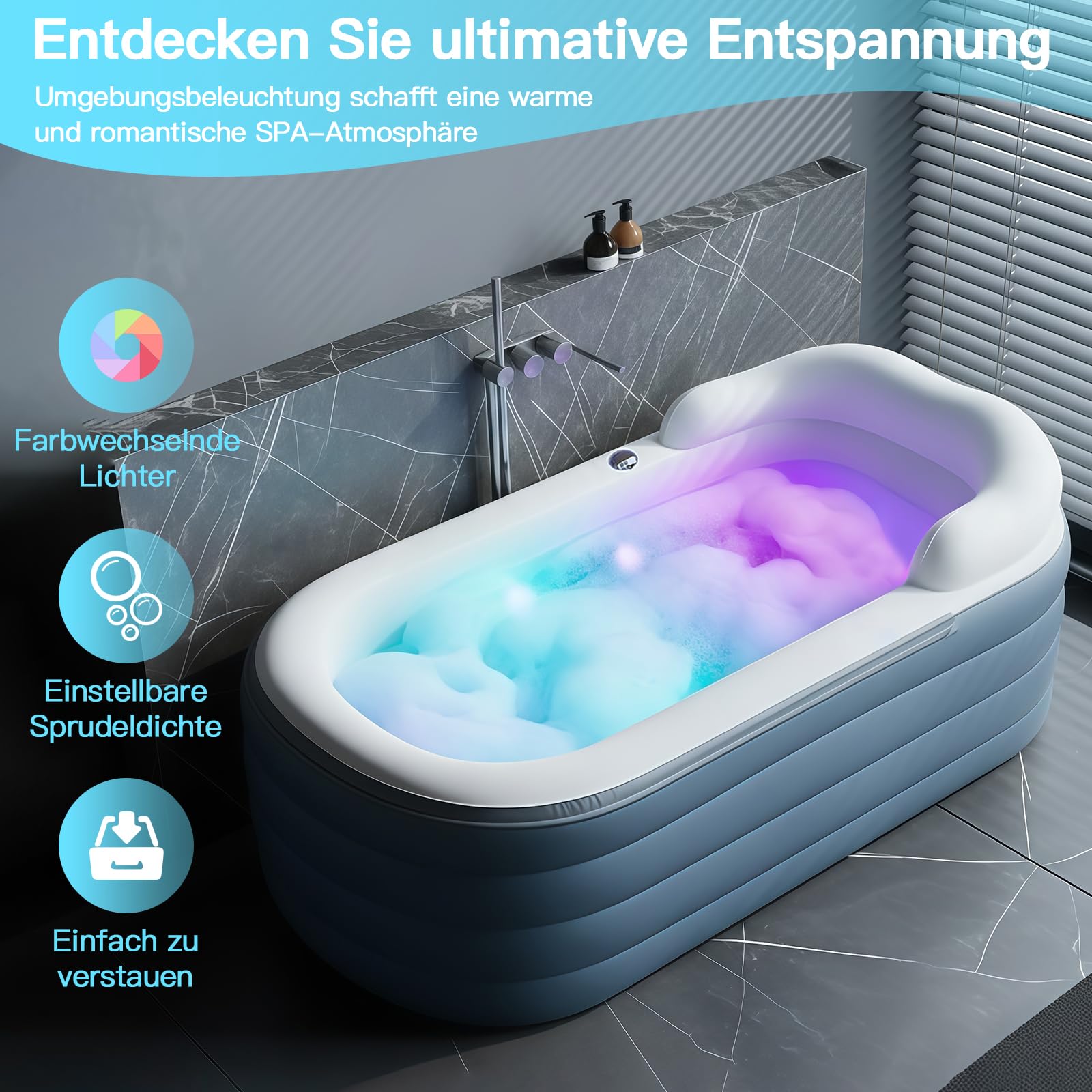 Vasca da bagno gonfiabile per adulti con materassino a bolle d'aria, vasca idromassaggio portatile con romantiche luci LED, dotata di cuscino, schienale e braccioli (pompa inclusa)