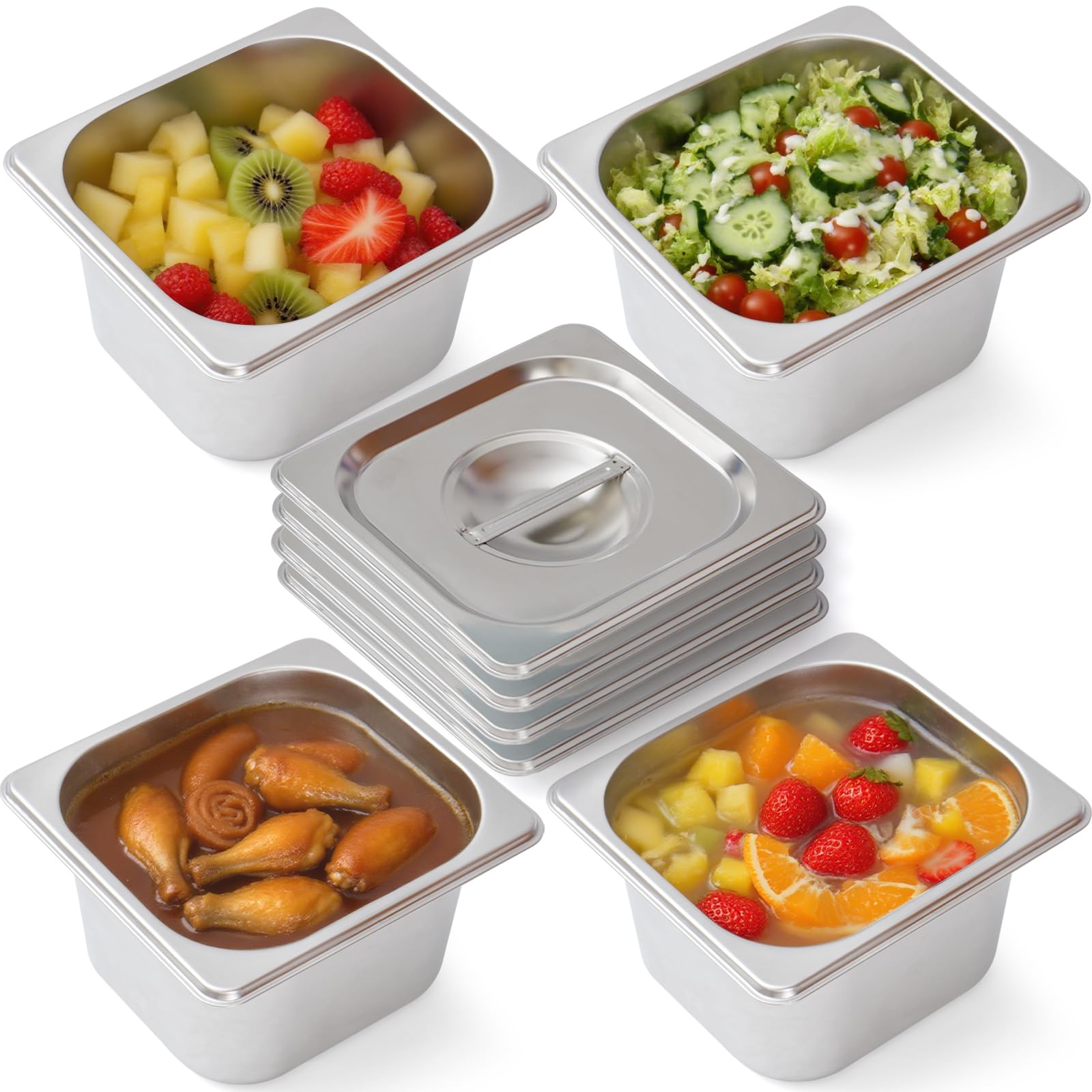 Commercial Stainless Steel Food Containers Deep Hotel Pans with Lids All Purpose Deep Pan with Lid for Catering Baking Buffets Food Storage (Silver, 4 Pcs)