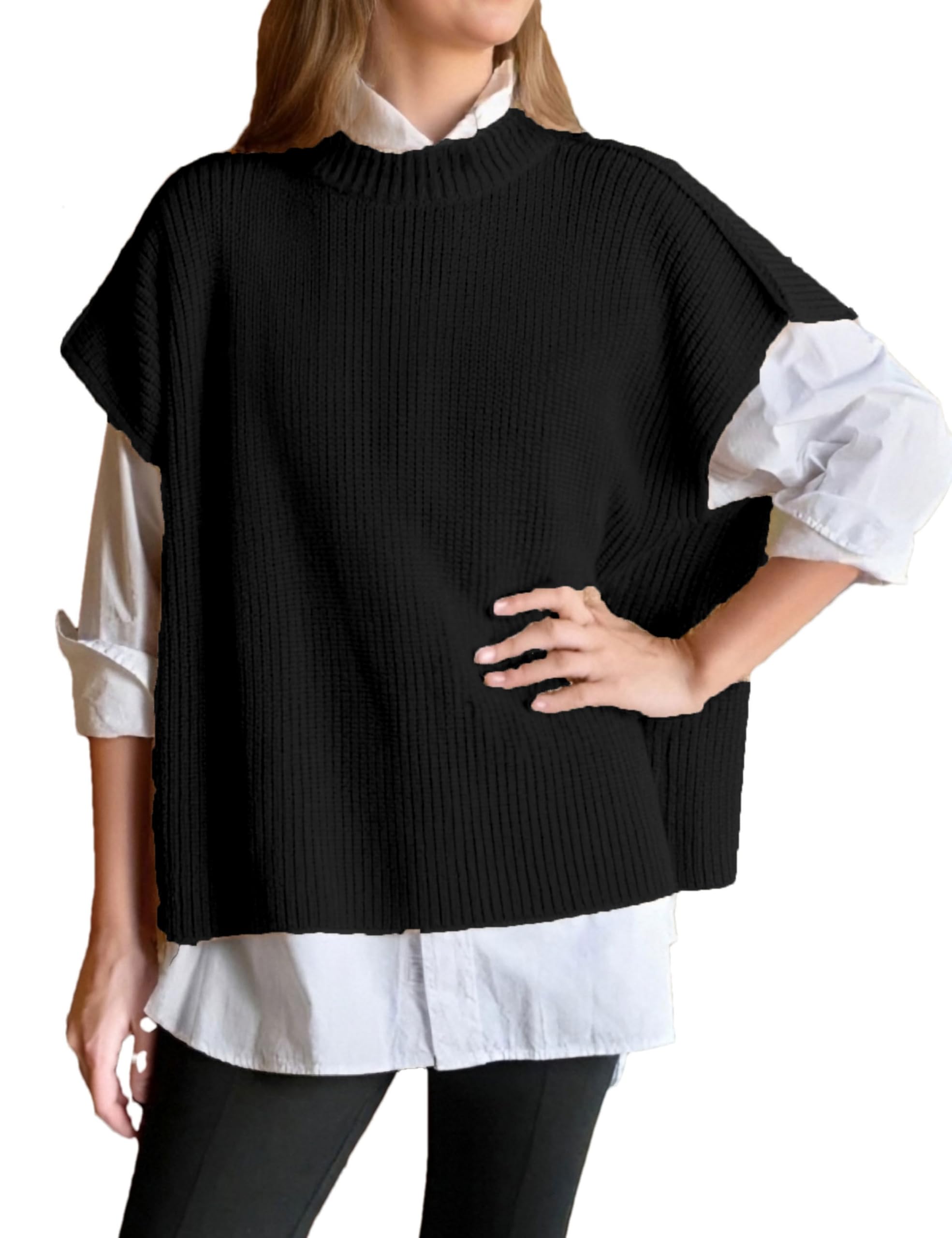 Womens Cap Sleeve Sweater Vest Fall Ribbed Knit Sleeveless Crewneck Casual Pullover Tops