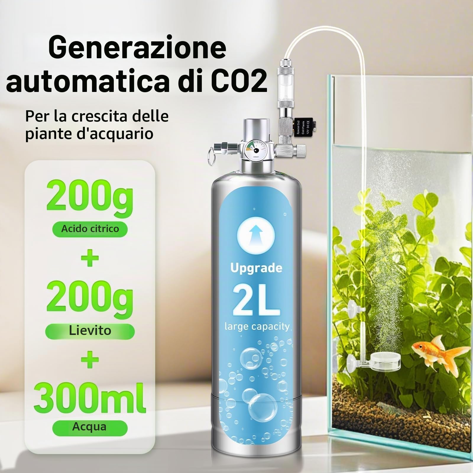 Impianto CO2 da 2 l, in acciaio inox, per acquario, alimentazione intelligente del gas con valvola magnetica, riduttore di pressione e contatore di bolle, attacco rapido per una facile