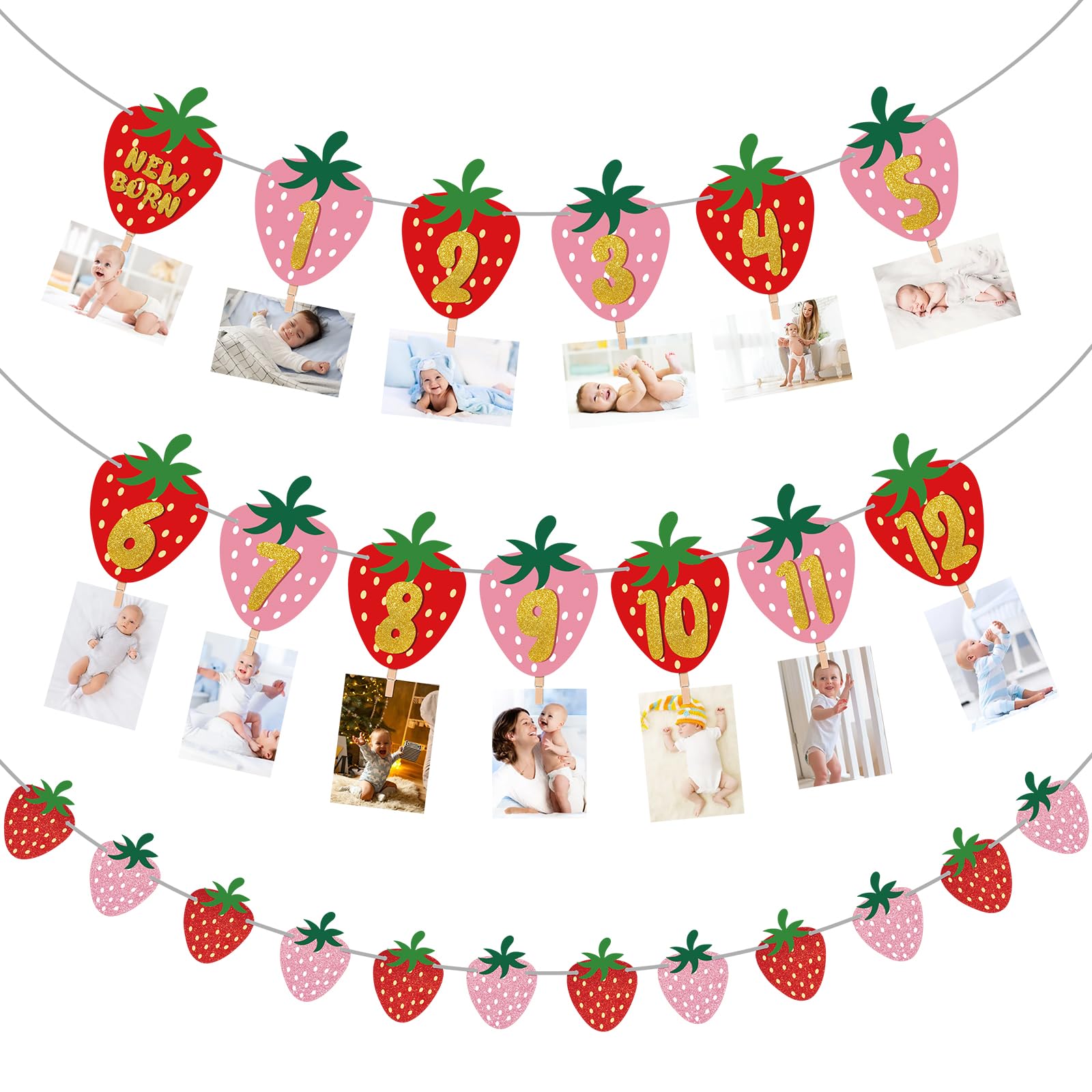 Strawberry 1st Birthday Party Decorations Berry 1st Birthday Photograph Bunting Garland Banner for New Born Baby Girls 1-12 Months Baby Shower First