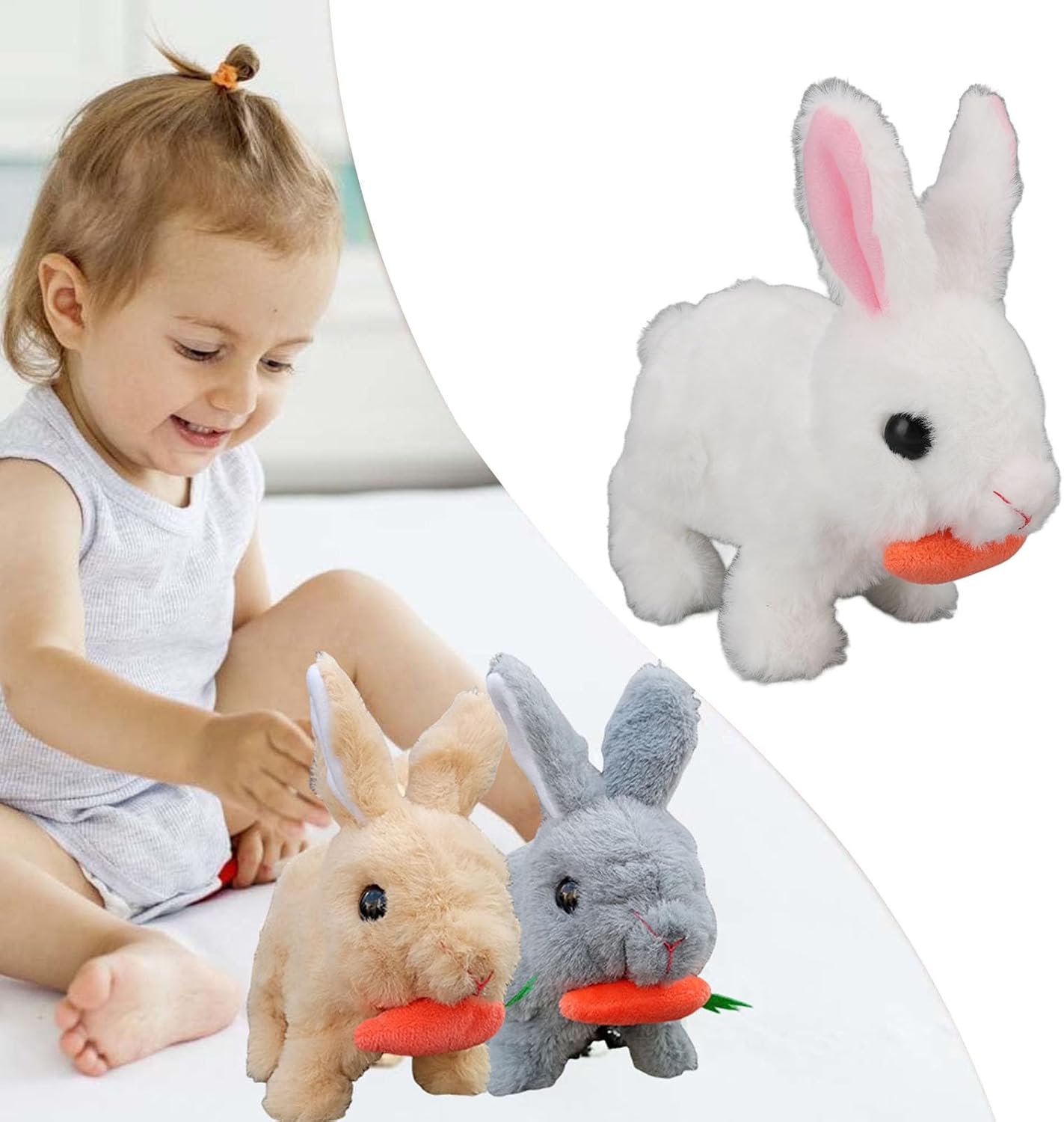 Bunny Toy, Interactive Plush with Lifelike Movements and Twitching Ears, Handmade Easter Kids, with Carrot, Powered by 2 AA Batteries (White)