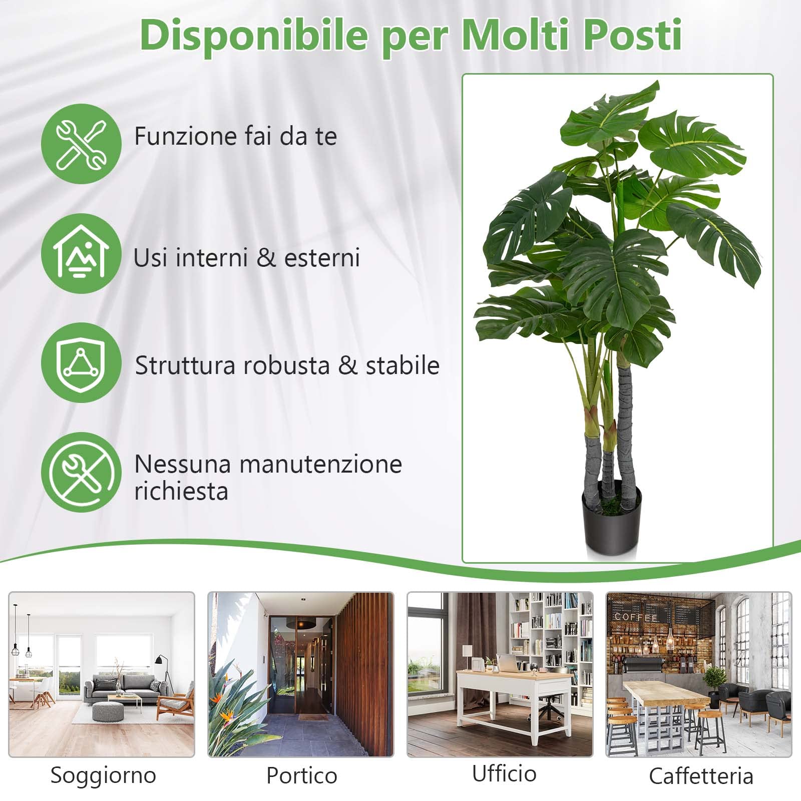 COSTWAY Pianta Finta 120 cm, Albero di Filodendro Artificiale con Foglie in Plastica PE, 3 Rami e 20 Foglie e Supporto in Cemento, Ideale per Casa, Ufficio e Negozio