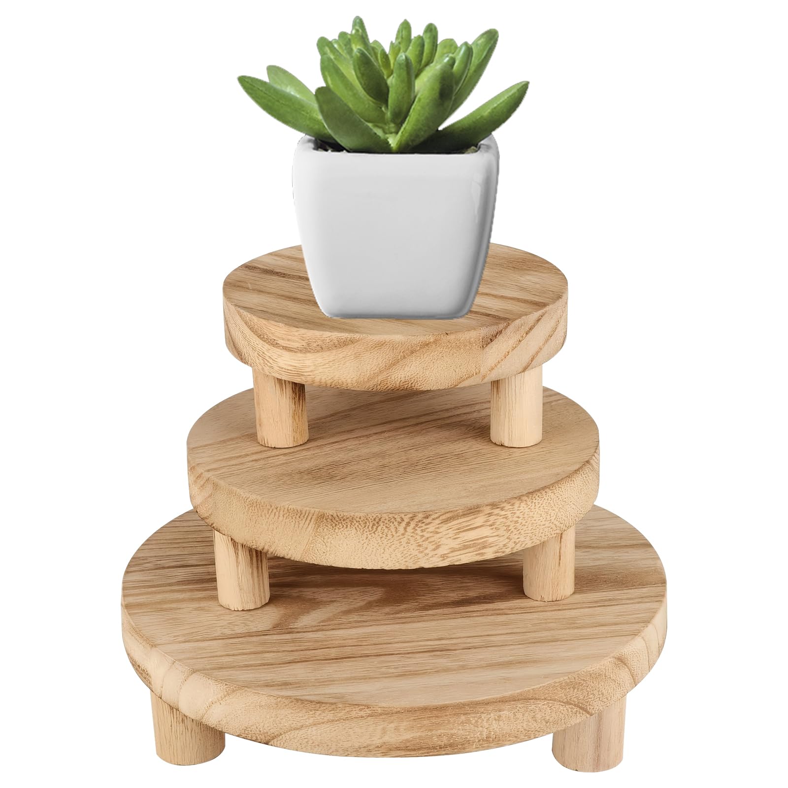 Taburete para Plantas, 3 Piezas Soporte Elevador de Plantas de Madera con Tres Diámetros Diferentes (15 cm, 20 cm, 25 cm) Taburete para Flores con Patas Extraíbles para Patio Jardín Sala de Estar