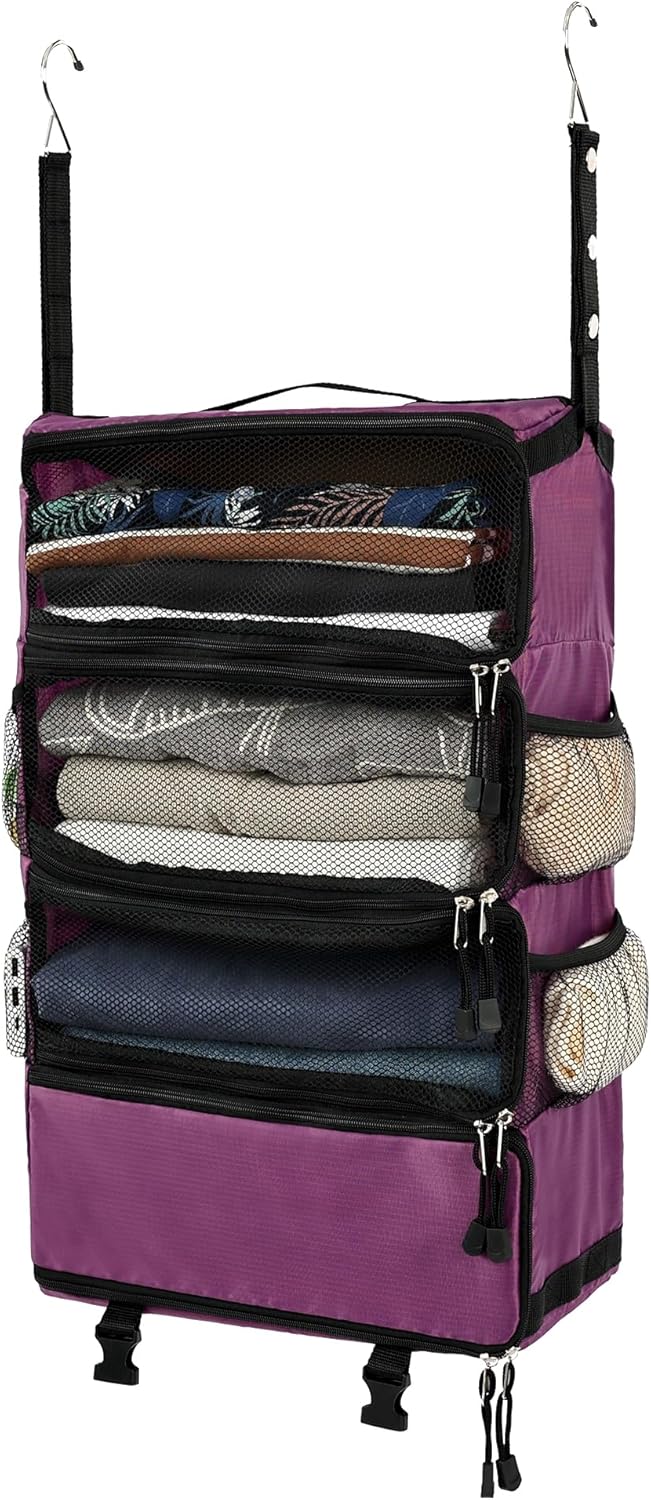 ELEZAY Hanging Packing Cubes All in One Ultra-Light Travel Shelves Portable Compression Organizer Bag Essentials for Carry-on Luggage Suitcase Closet Wardrobe Accessories Medium, Purple