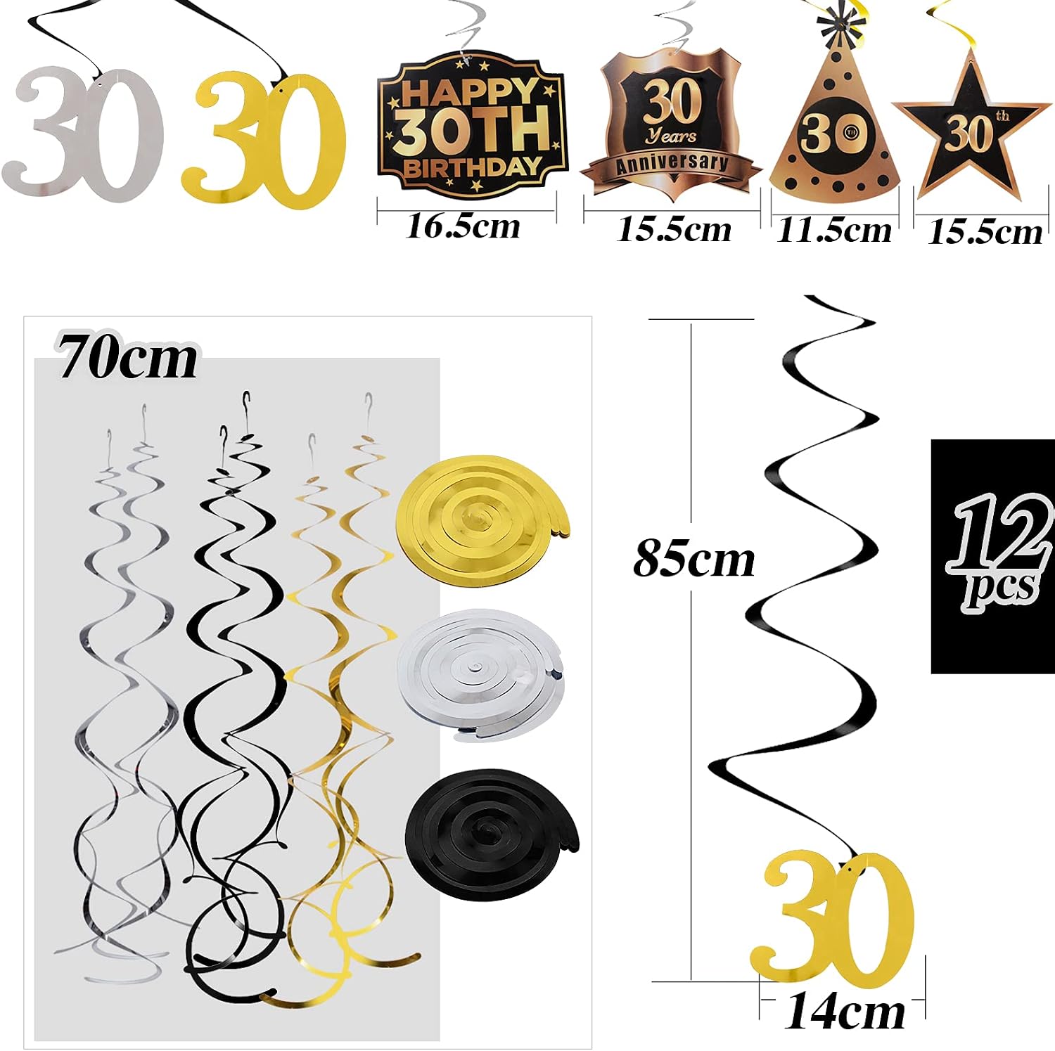 Decorazioni Compleanno 30 Anni | Vortici Sospesi Oro E Nero | Kit 10 Pezzi Per Soffitto E Torte - 5