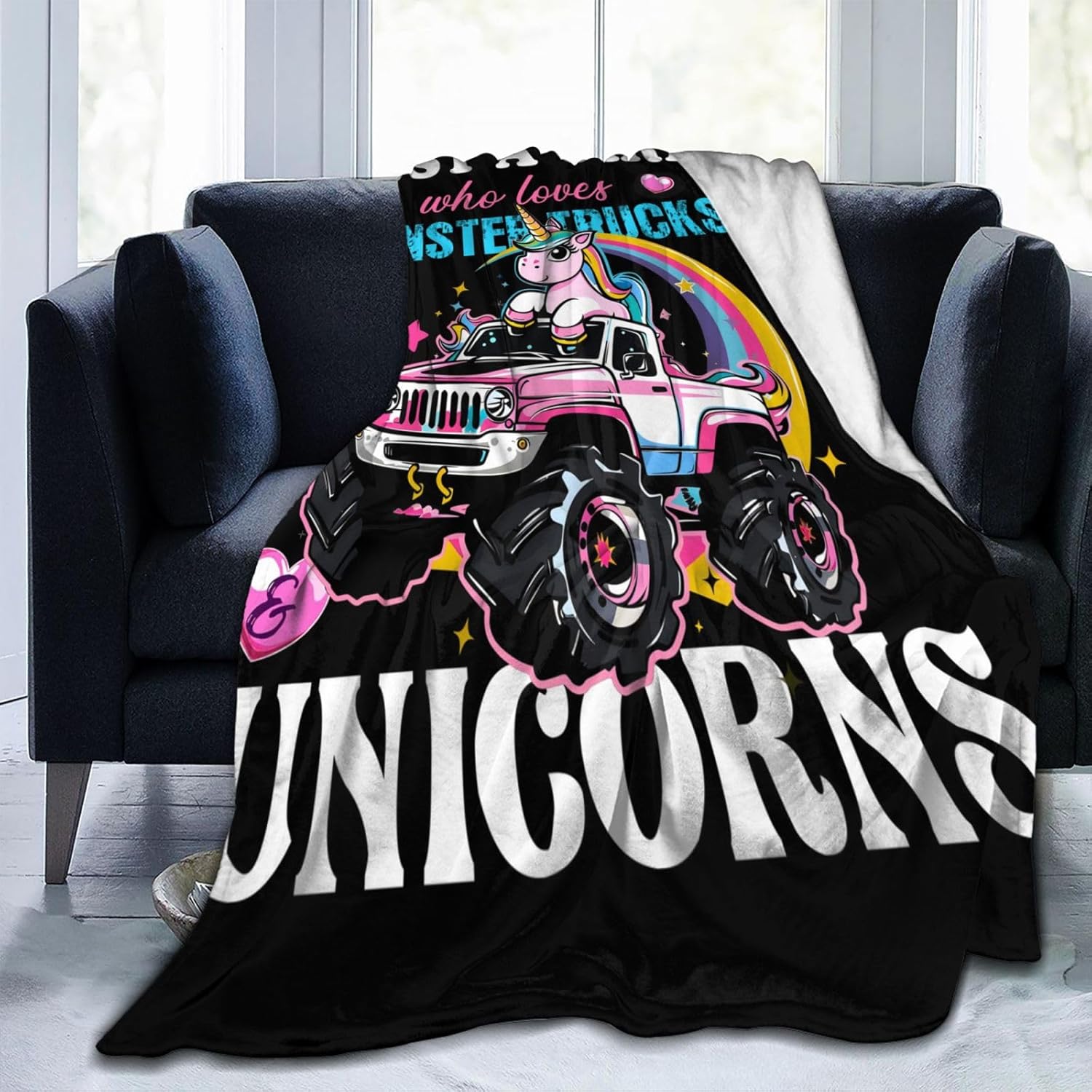 Just A Girl Who Love Trucks Unicorns Blanket Truck Unicorn Decor Throw Blanket Gifts for Girls Boys Super Warm Soft Plush Fleece Flannel Blanket Couch Bedding Blanket for Adults Kids Women Men 50"X40" - Image 3