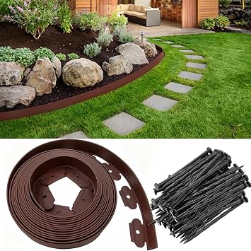 Garden Edging 33FT, 2in Tall Plastic Landscape Edging Borders Kit Flexible Lawn Edging with 50pcs Anchoring Stakes, Border Edge for Landscaping, Yard, Flowerbeds, Sidewalks, Paving, Brown