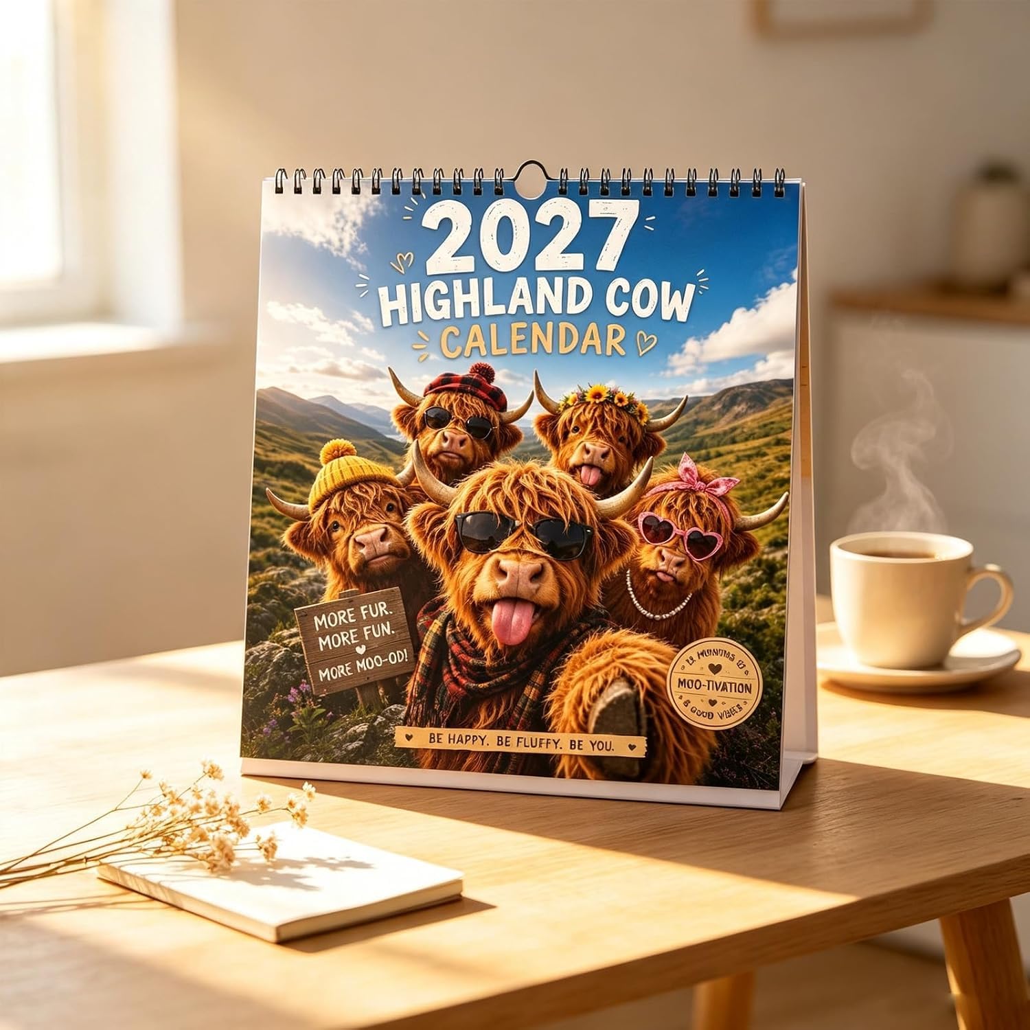 2027 Lustiger Highland Cow Wandkalender, Cartoon Highland Cow 2027 Wandkalender mit 12 Monatsdesigns | A4-Hängekalender, humorvolle Bauernhofkuh-Illustrationen, für Zuhause, Büro