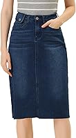 Allegra K Women's High Waist Stretch Denim Jean Skirt with Back Slit & Raw Hem - Casual A-Line Midi Skirt