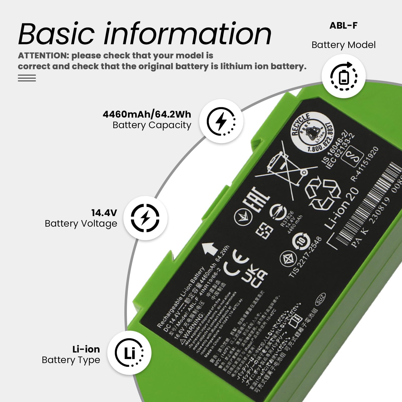 ABL-F Batterie Compatible with iRobot Roomba i6 i4 Plus i4+ i3 i3+ 3150 i3152 e5 e6 J9+ i8 i8+ i8550 J7 J7+ J7 Plus J7550 J7150 i7 i7+ i7158 i7550 i755020 i7156 i7556 i7558 Series Vacuum Cleaner