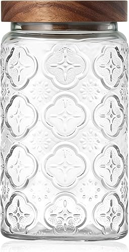 Miniatura 9 de Tarros de vidrio vintage con tapas de madera, recipiente hermético de almacenamiento de 34 onzas para cocina, despensa, baño, recipientes Girasol y