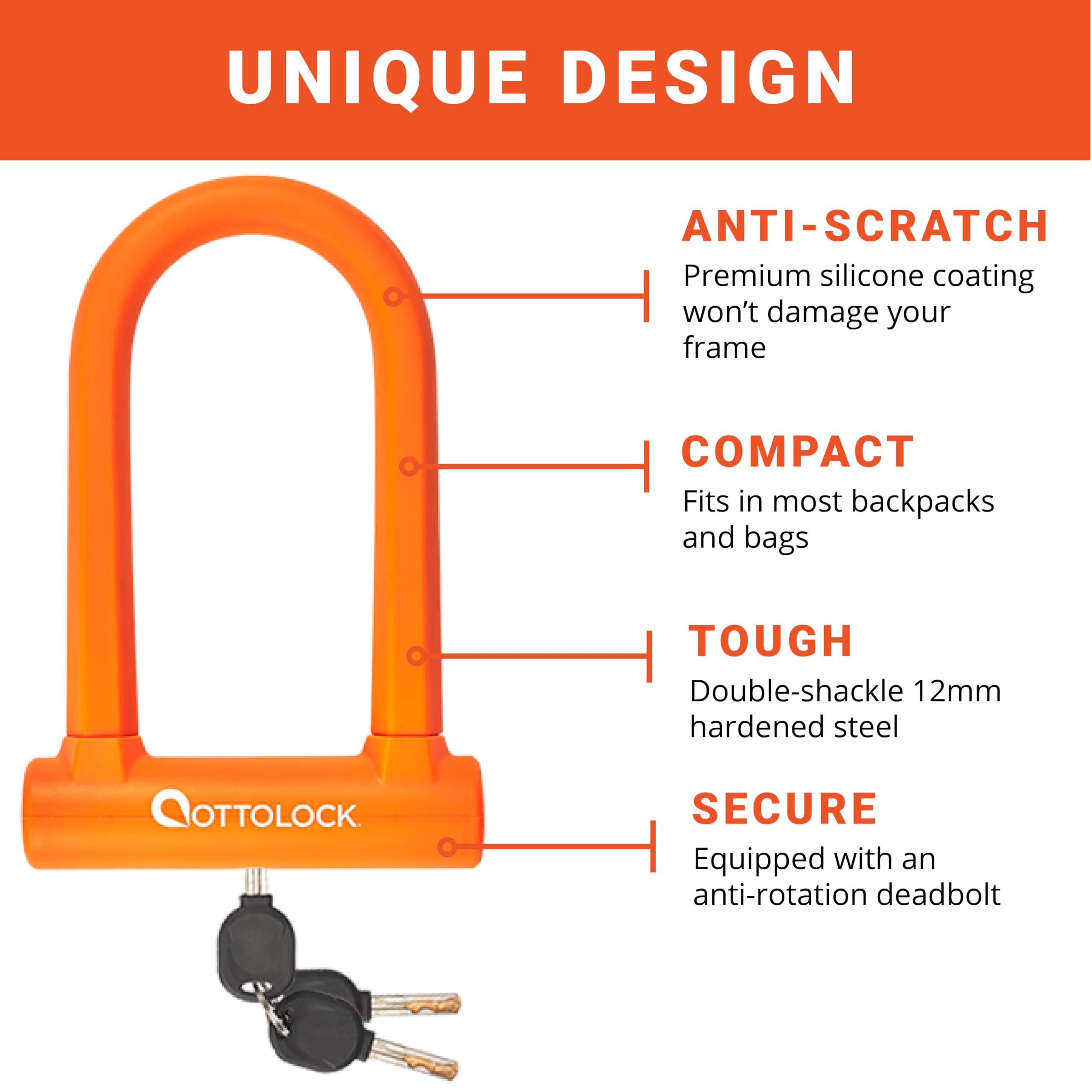 OTTOLOCK Sidekick Compact U-Lock i wiązka kabli, wytrzymała, antykradzieżowa, z kluczami, powlekana silikonem, akcesoria rowerowe, kolor pomarańczowy
