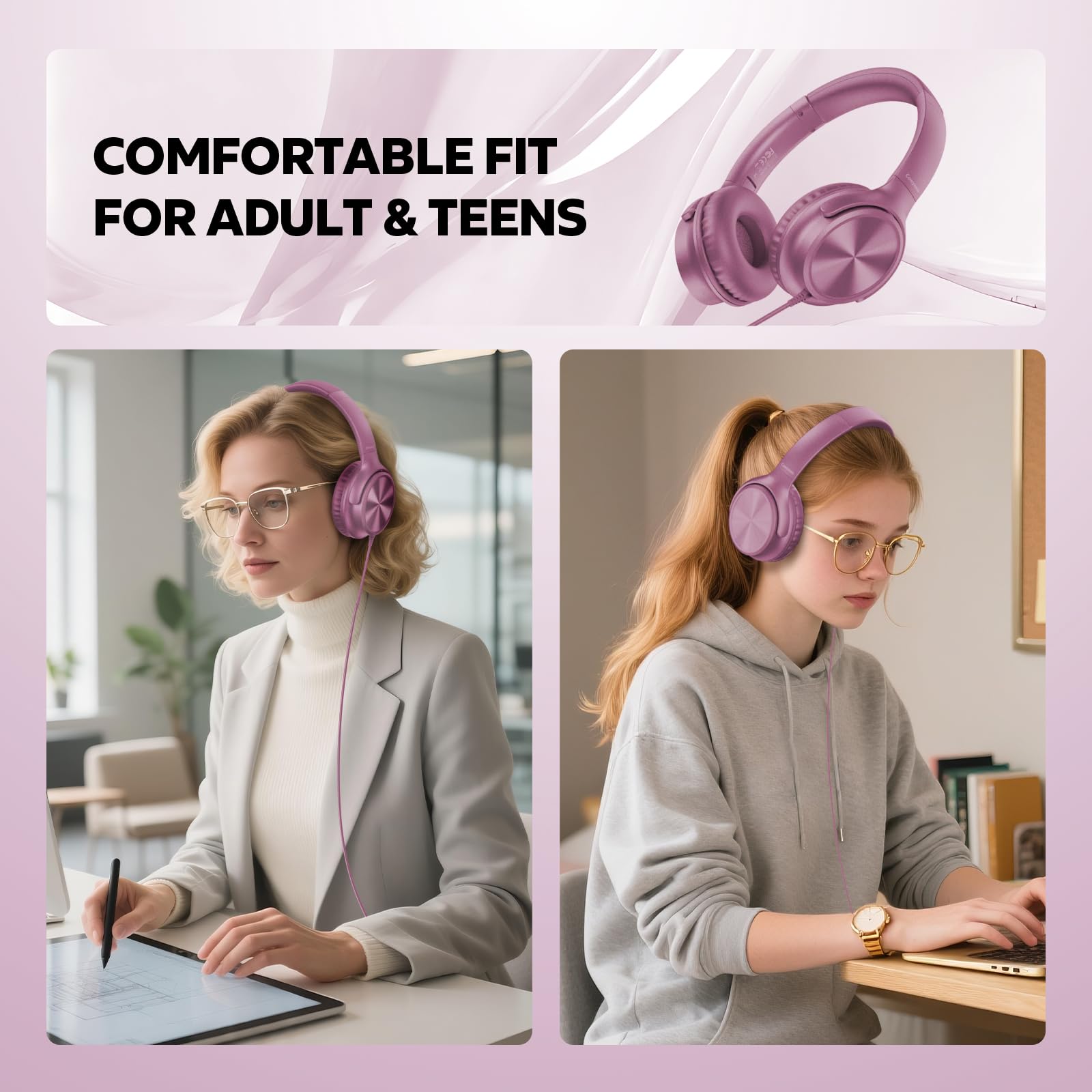 Cowyawn Voilet - Cuffie USB C cablate con microfono, controllo del volume, suono stereo HD, cuffie USB tipo C pieghevoli per adulti/ragazzi/laptop/computer/iPhone 15/16/17, Voilet