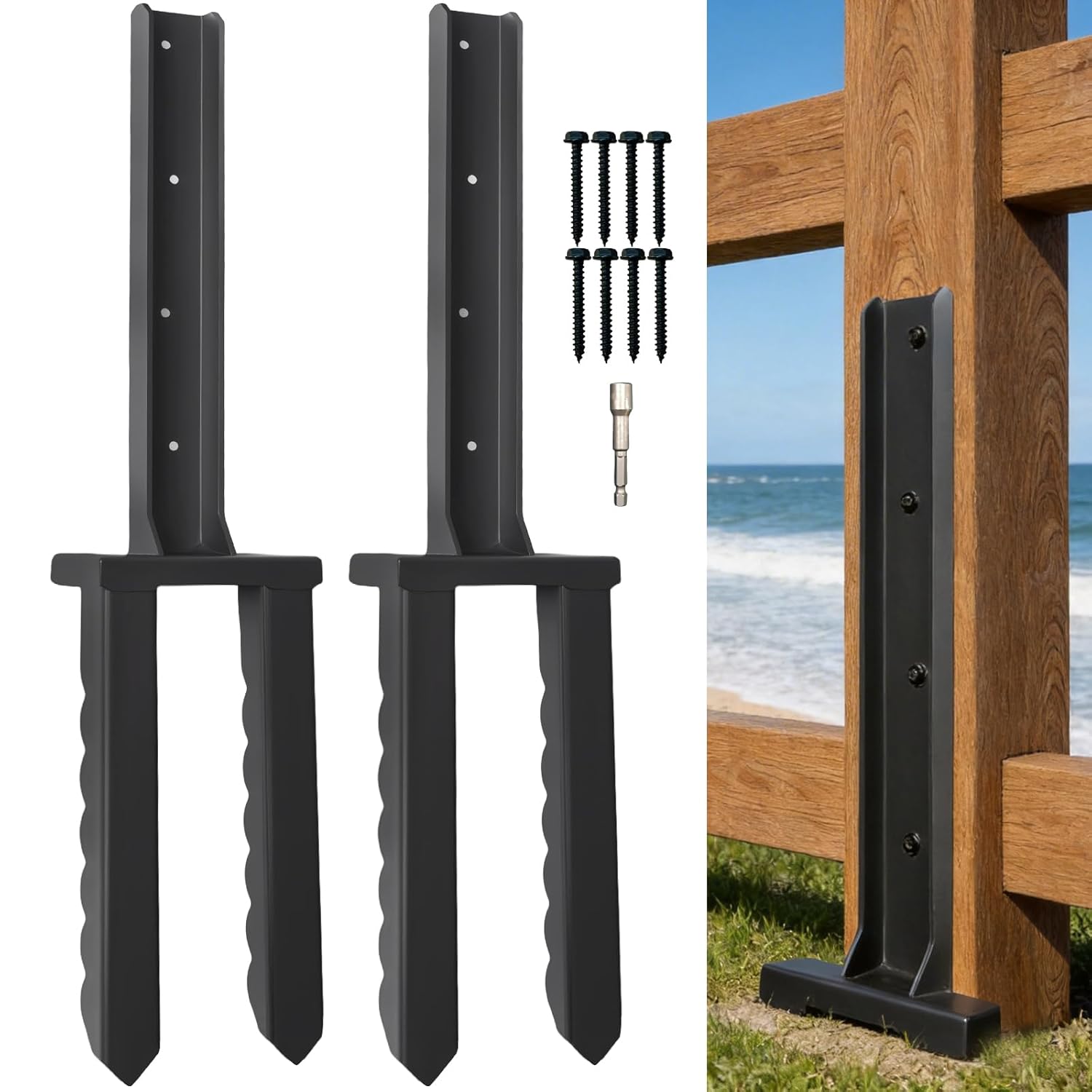 2 Pack Fence Post Repair Kit, Heavy Duty Steel Fence Post Anchor, Wavy Design Fence Post Repair Stakes, Quick Fix Broken/Leaning Wood Post Support
