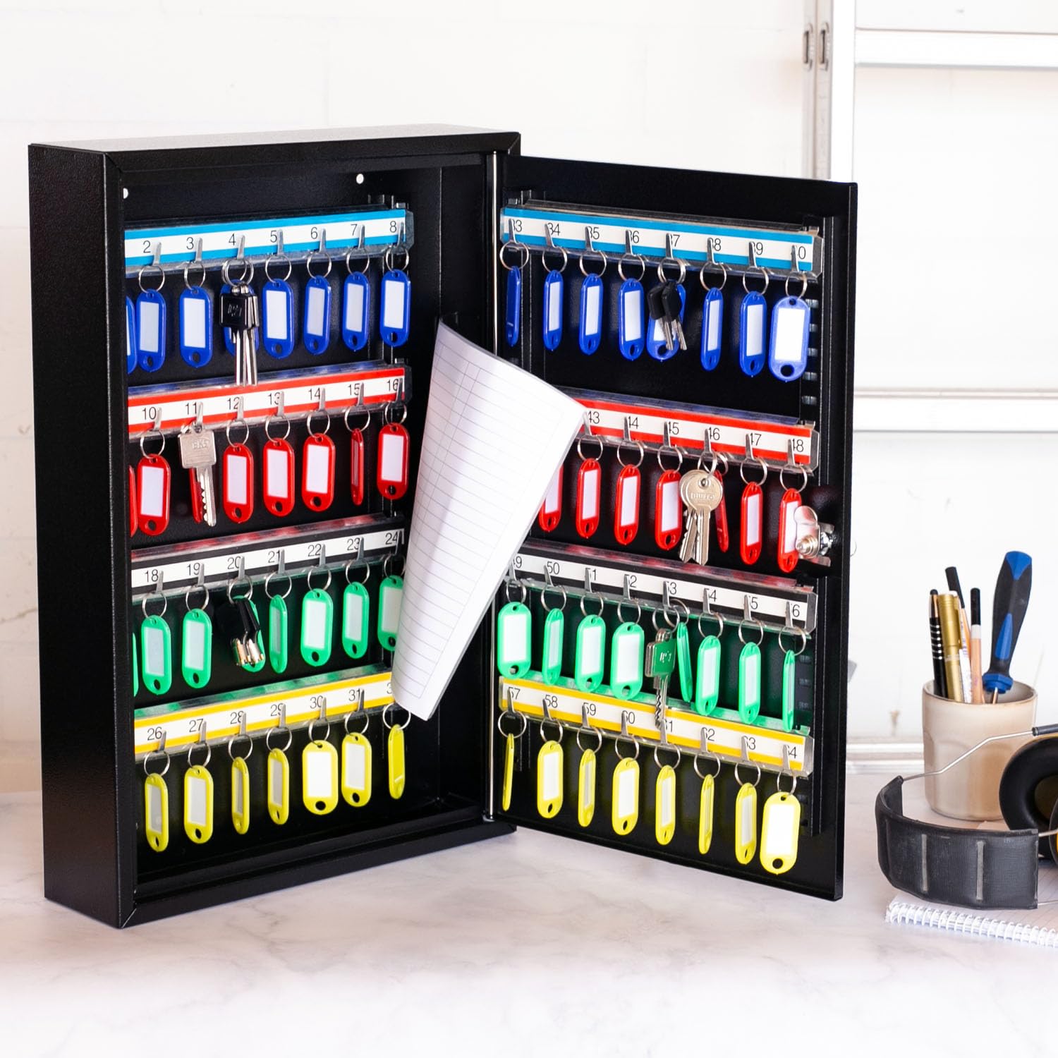 Armoire à Clés HMF 64 Crochets - Avec Serrure Et Porte-clés Colorés, Gris Clair