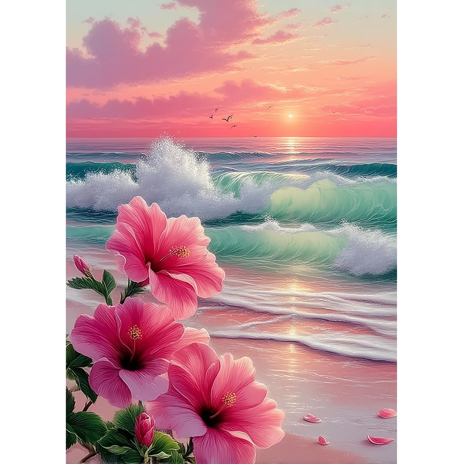 Lxmsja Diamond Art Beach Kits Adults Beginners, 5D Diamond Painting Pink Hibiscus Kits, DIY Full Drill Diamond Painting Sunset Embroidery Crystal Gem Art Kits for Home Wall Decor, 30x40cm — image 1