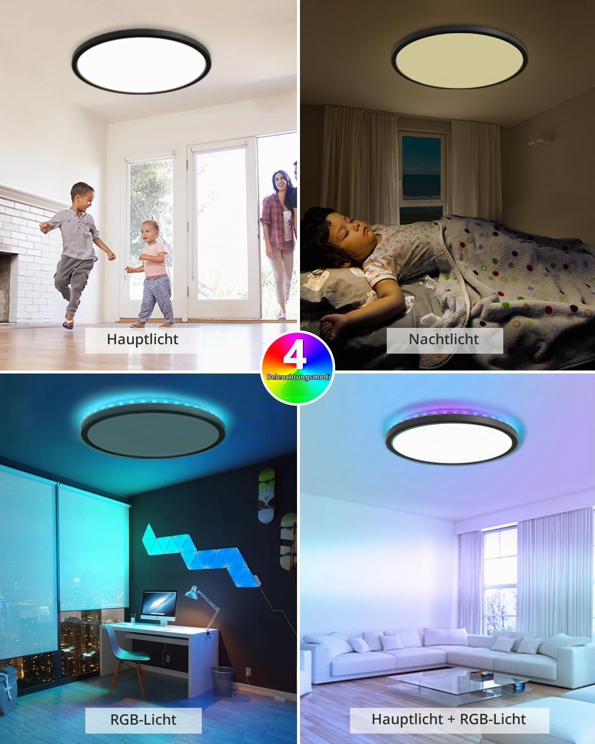 zemty LED Deckenleuchte Dimmbar 49CM, 42W 3360LM RGB Deckenlampe mit Fernbedienung, 3000K-6500K Wasserfest Badezimmer Lampe Decke für Bad Kinderzimmer Schlafzimmer Wohnzimmer Schwarz