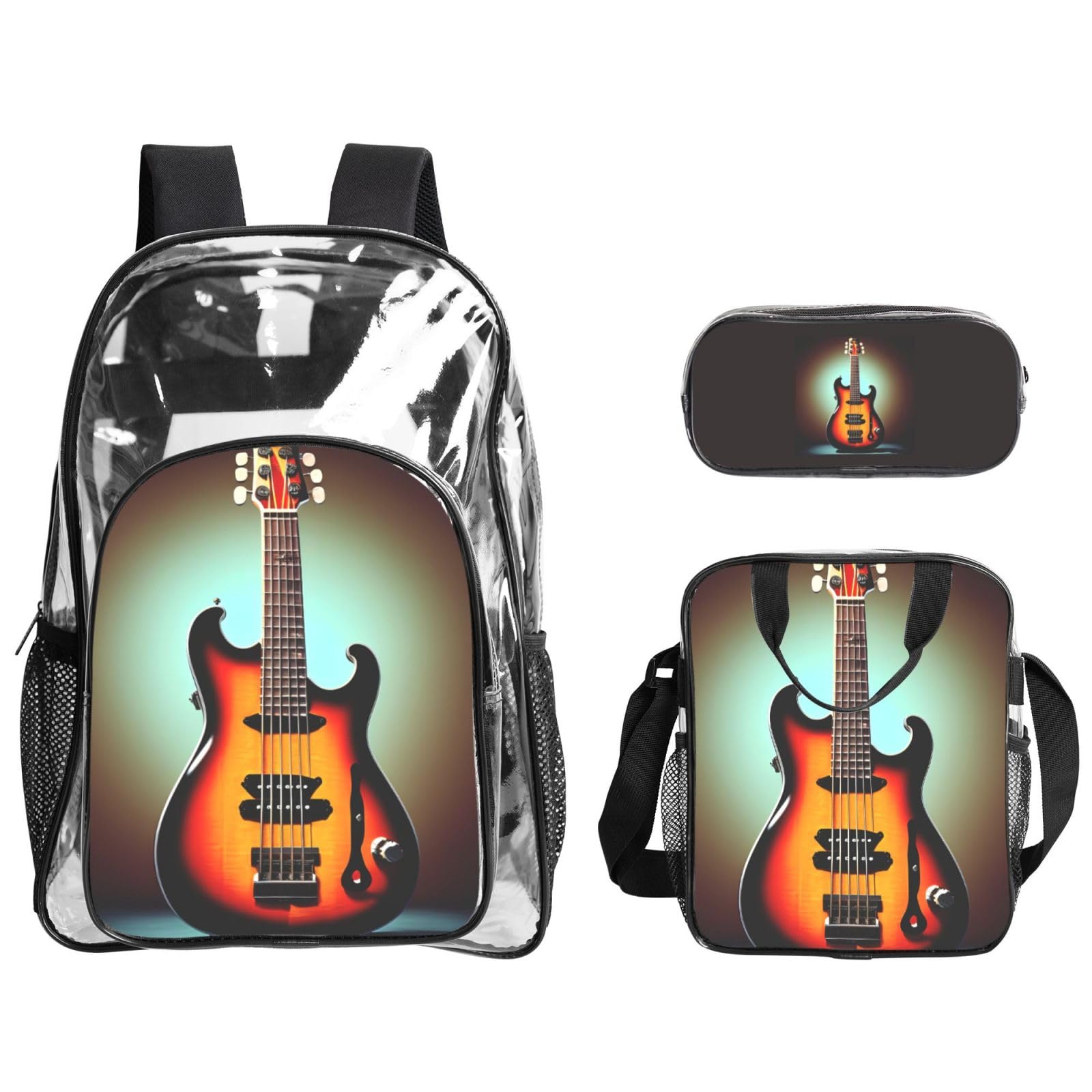 Gitara basowa muzyka instrument muzyczny nadruk kobiety mężczyźni dzieci przezroczysty plecak zestaw szkoła podróż przezroczysty 3-częściowy pojemnik na lunch