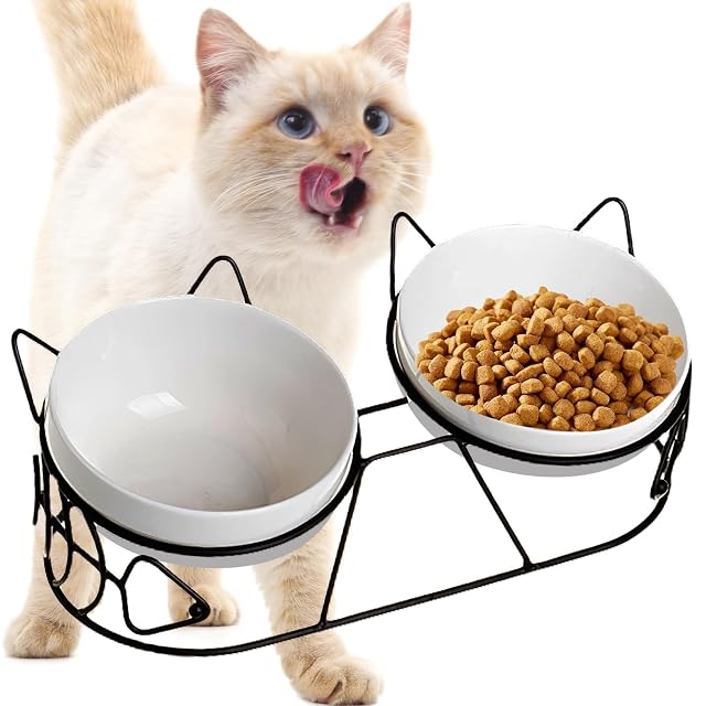 Comedero Elevado de Cerámica - Juego de 3 Unidades con Inclinación de 15° para Gatos y Perros Pequeños, Doble…