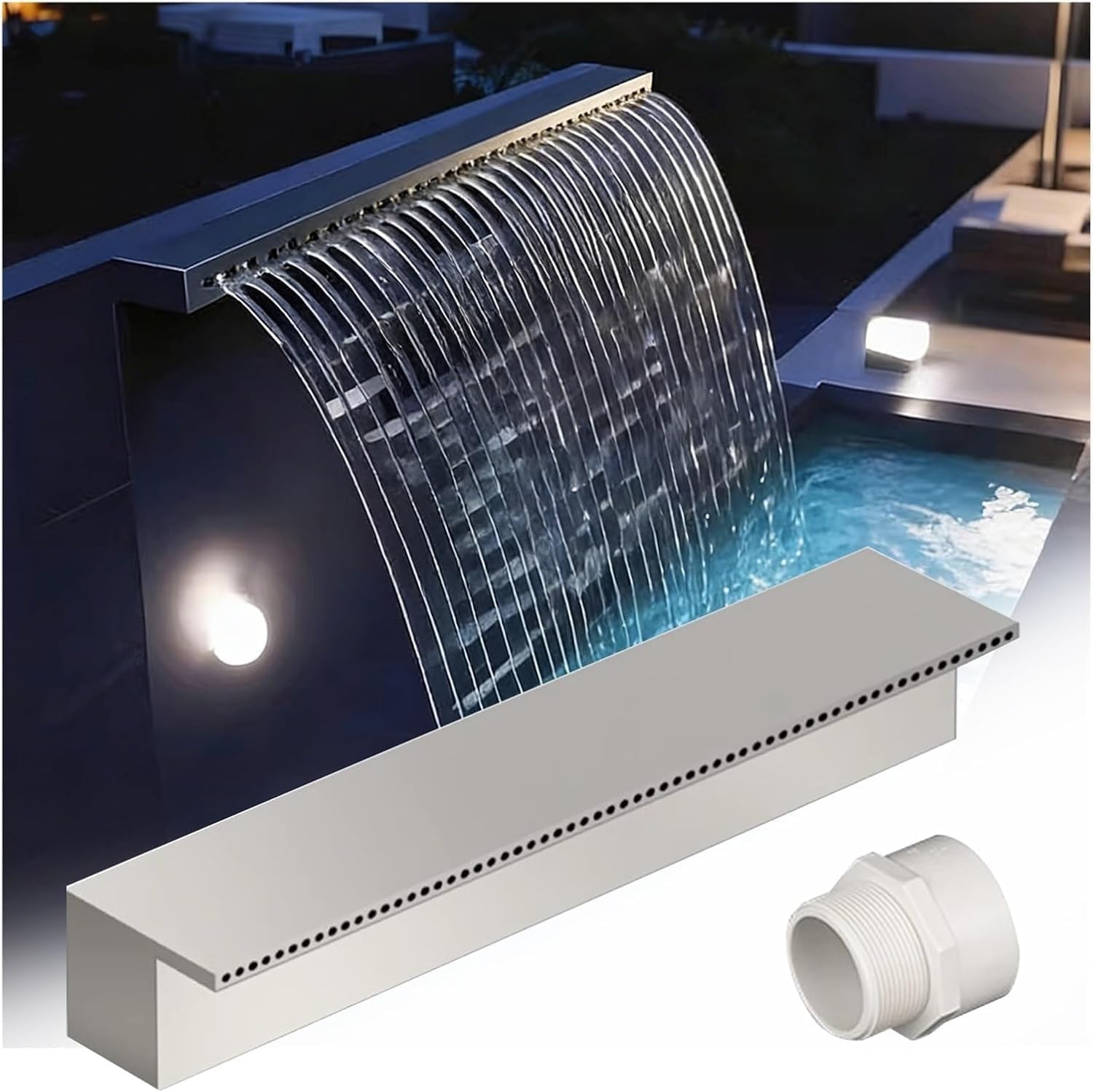 Déversoir de Cascade en Acier Inoxydable pour Piscine, Largeur 12 à 72 Pouces, Fontaine Murale pour Bassin avec kit de raccordement de Tuyau (38inWaterOutlet)