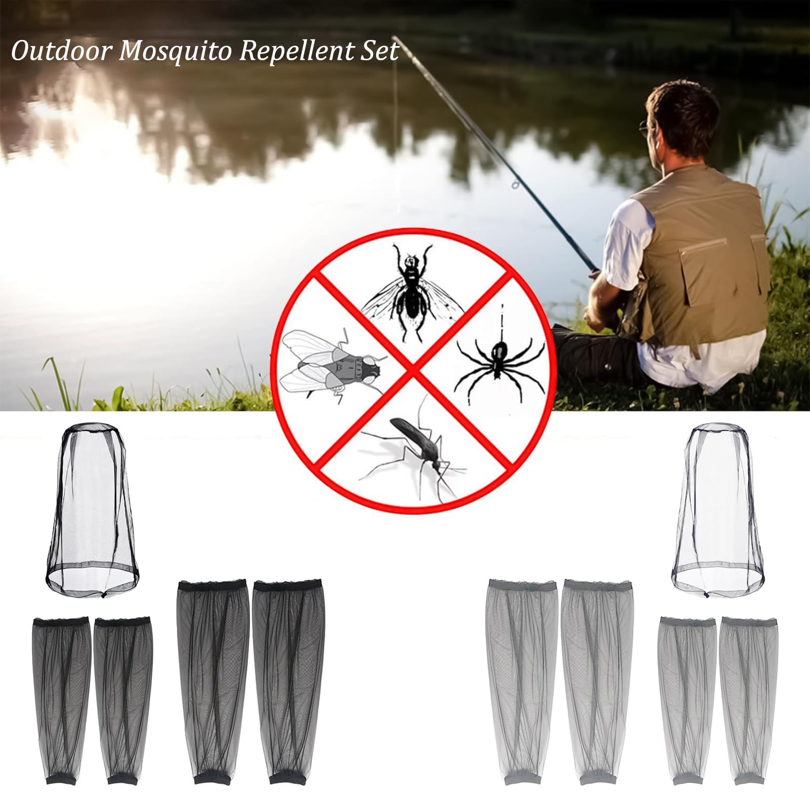 Zanzariera Testa in Rete, 5Pcs Cappello Zanzariera Traspirante Mesh Maniche Anti-Zanzare per Braccia e Gambe, Zanzariera a Maglia Fine per Il Viso con Borsa per Outdoor Pesca